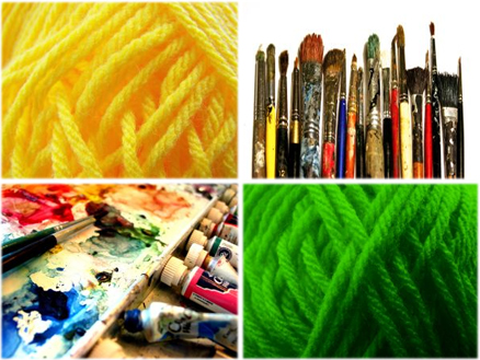 kollagebild bestående av fyra bilder: ett gult garnnystan, konstnärspenslar, målarfärger och ett grönt garnnystan
