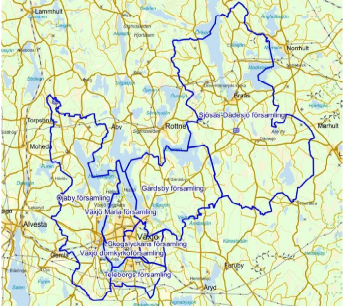 Karta över nya församlingsgränser från och med januari 2027.