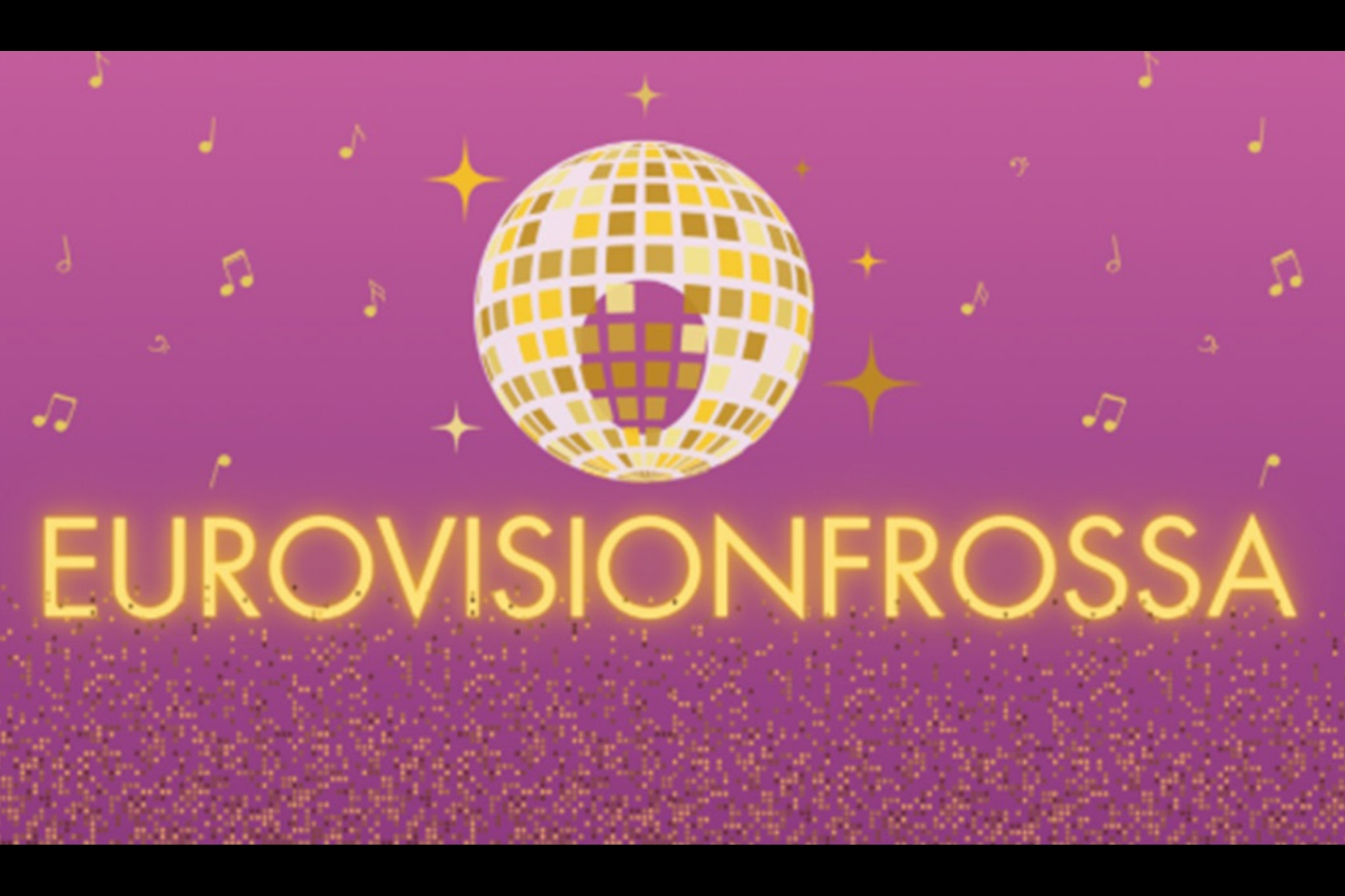 En illustrerad bild med lila bakgrund, en diskokula och texten Eurovision i gula färger.