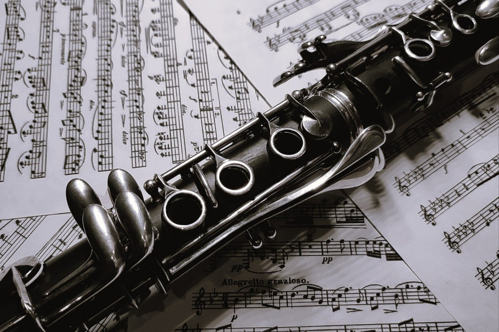 Svart-vit närbild av en klarinett på notblad.