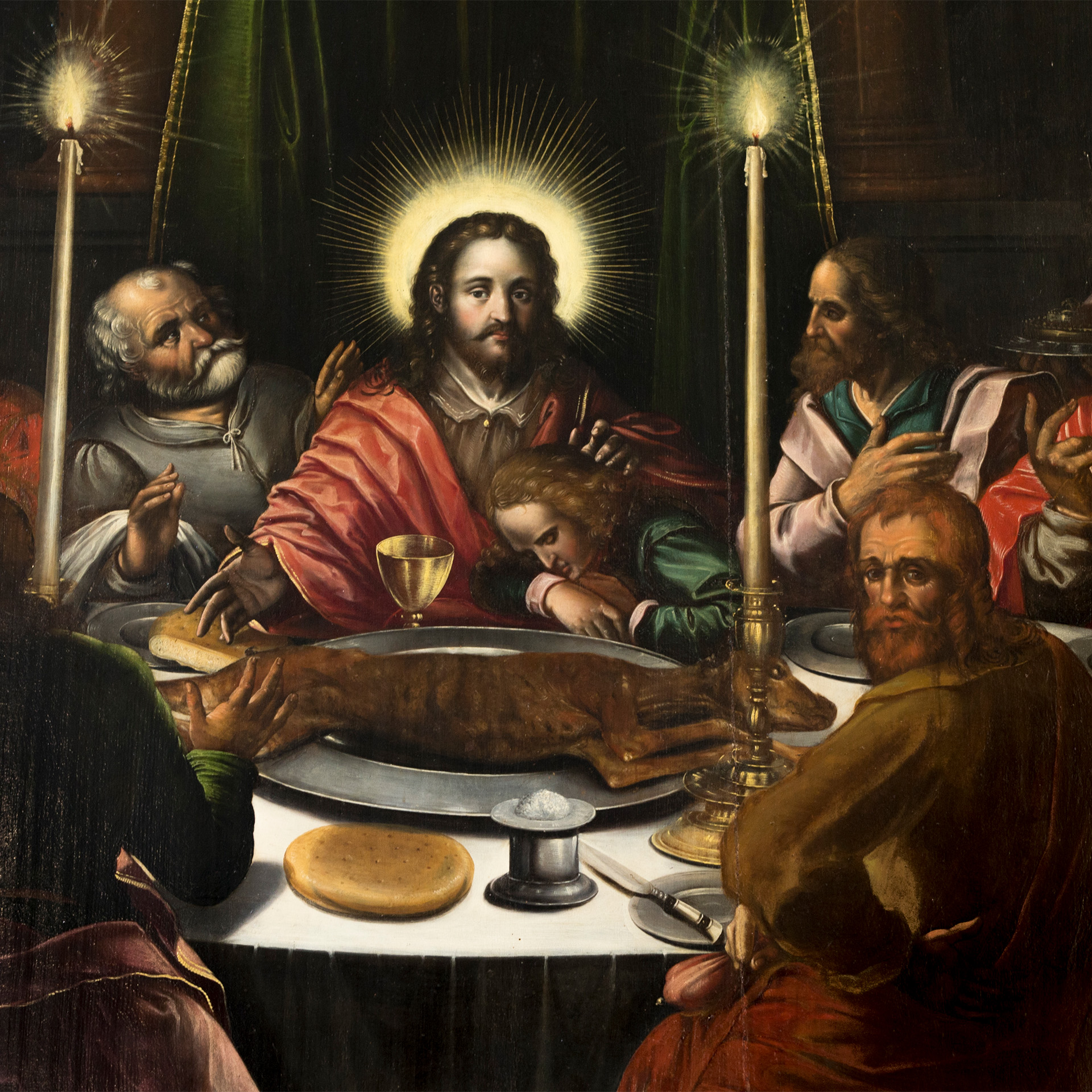 Målning i mörka färger där Jesus sitter omringad av personer vid ett bord.
