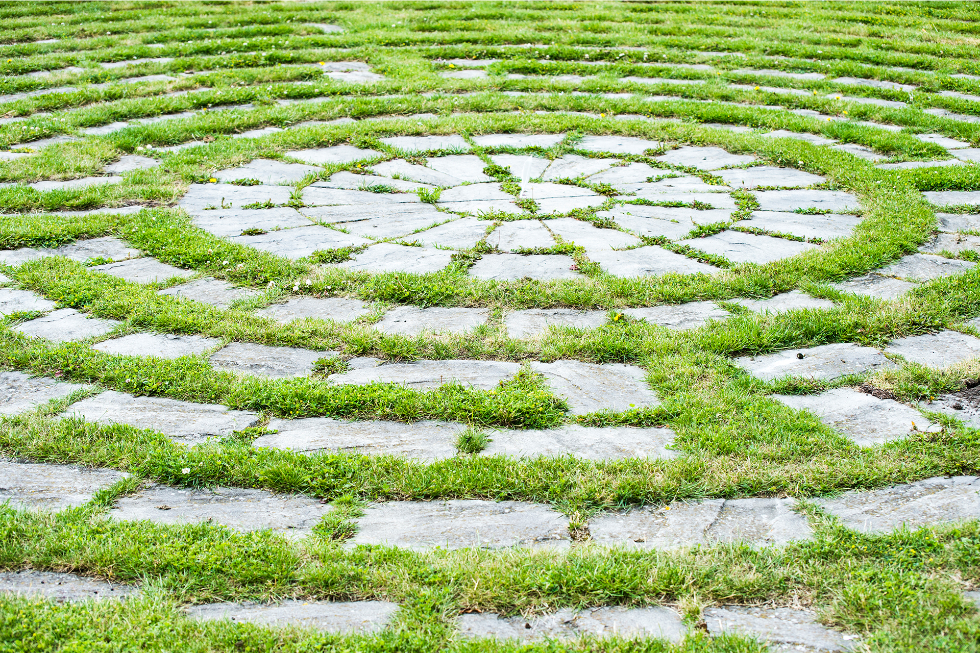 Grå betongplattor i gräsmattan i form av en labyrint med labyrintens centrum.