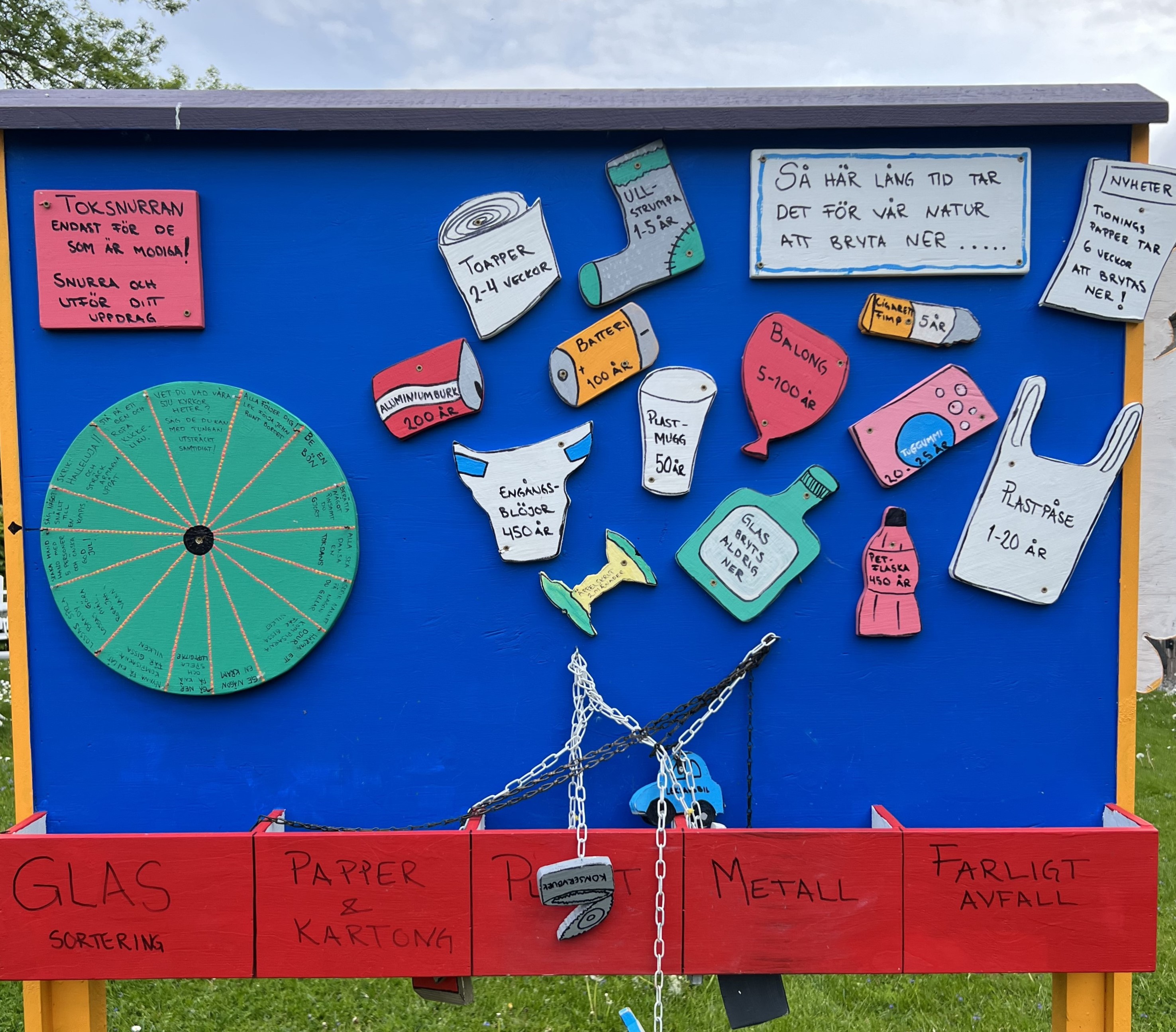 Tavla med föremål som ska sopsorteras på rätt ställa. 