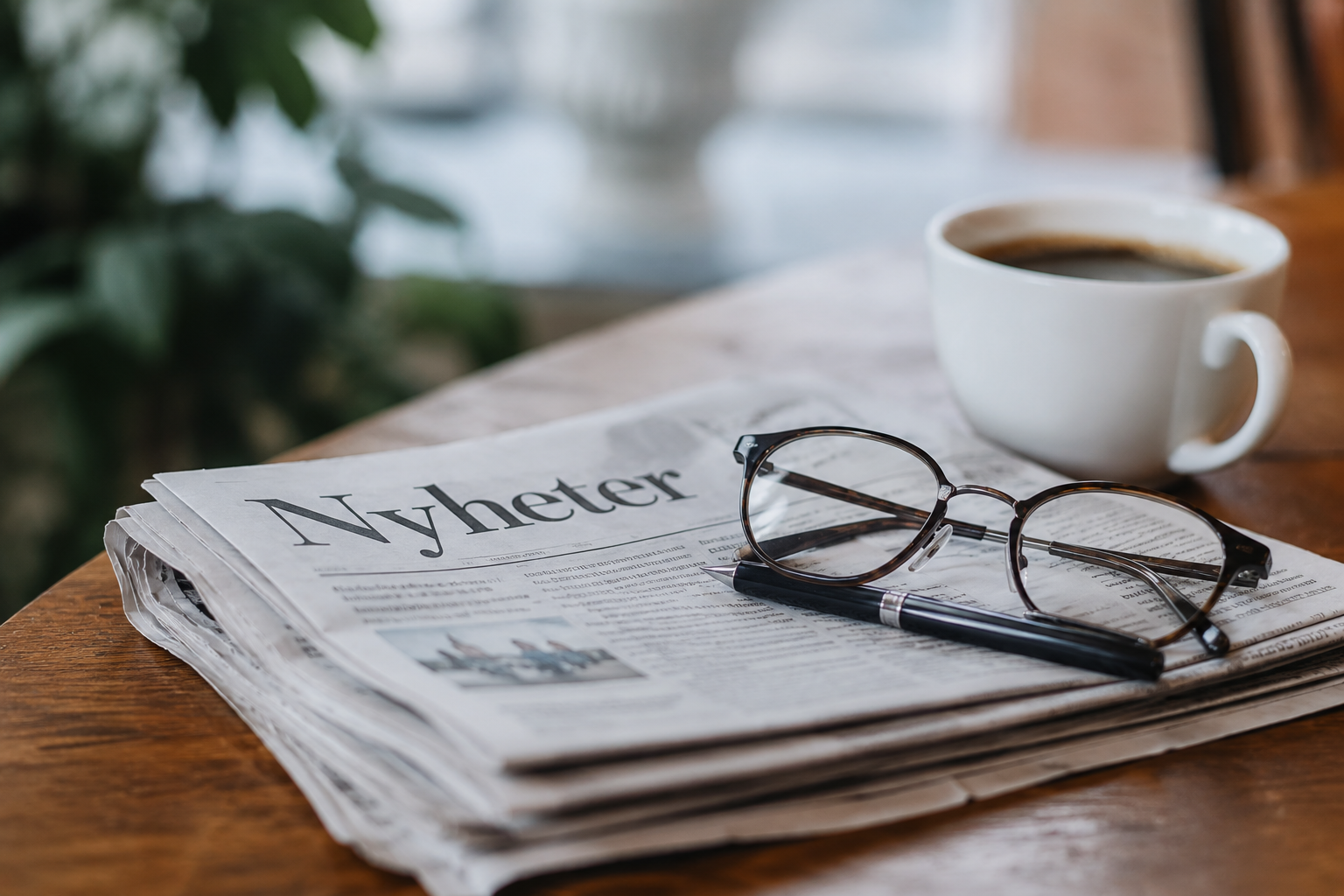 Tidning, kaffe & glasögon