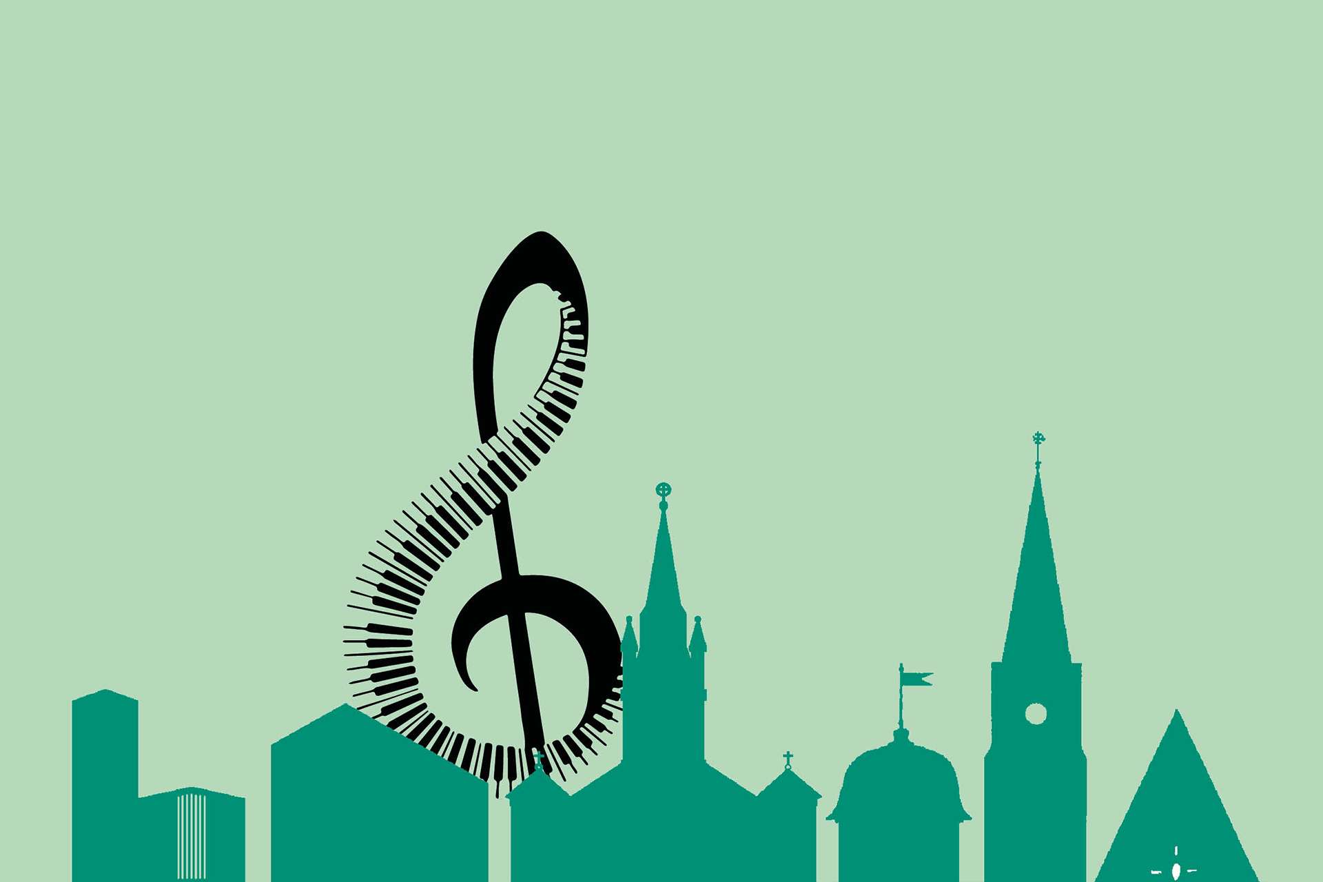 Illustration med kyrksiluetter och en G-klav. 
