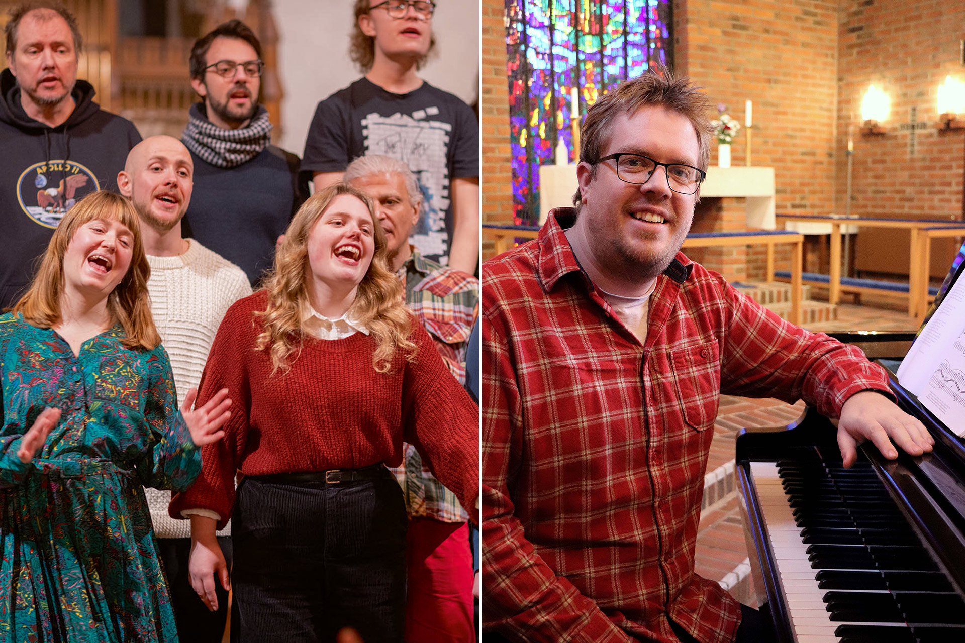 Glada körsångare och Johannes vid pianot i kyrksalen.