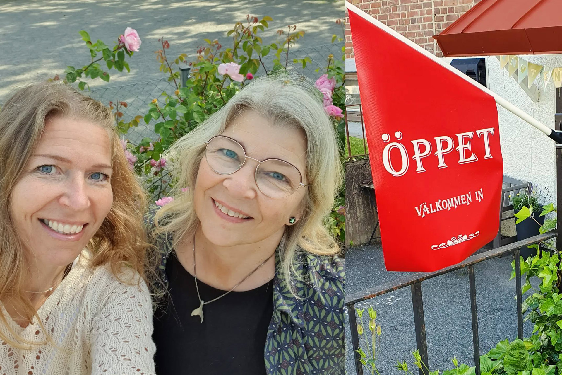 Två personer ler mot kameran. En flagga med texten "Öppet".