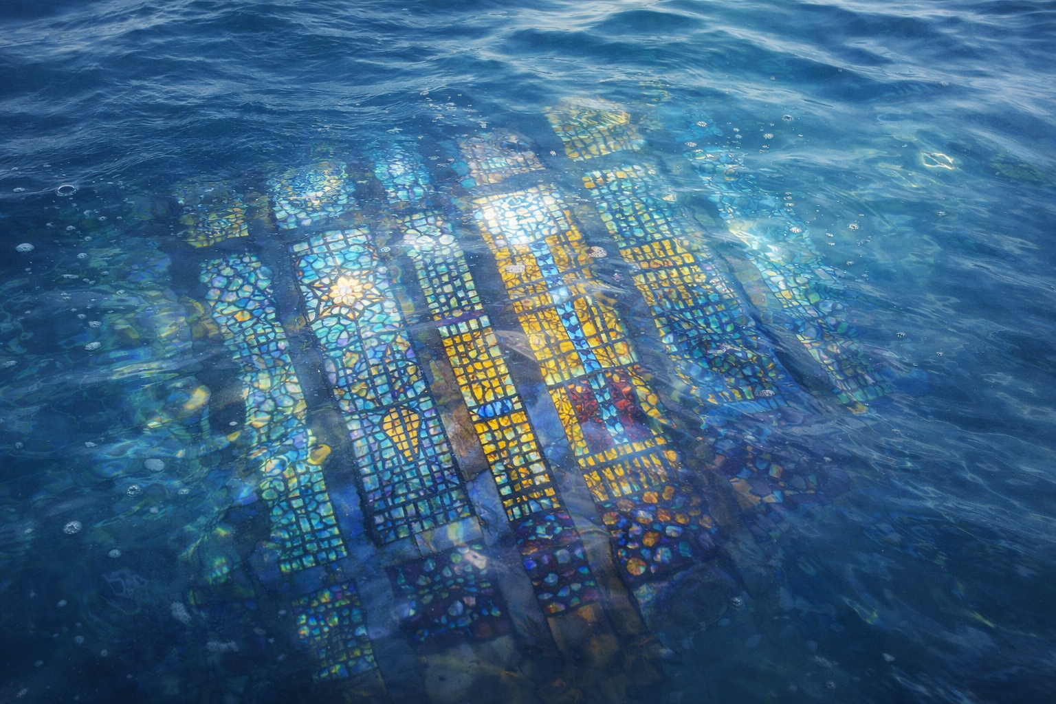 Glasmålningarna i Lillkyrkan i vattenskimmer