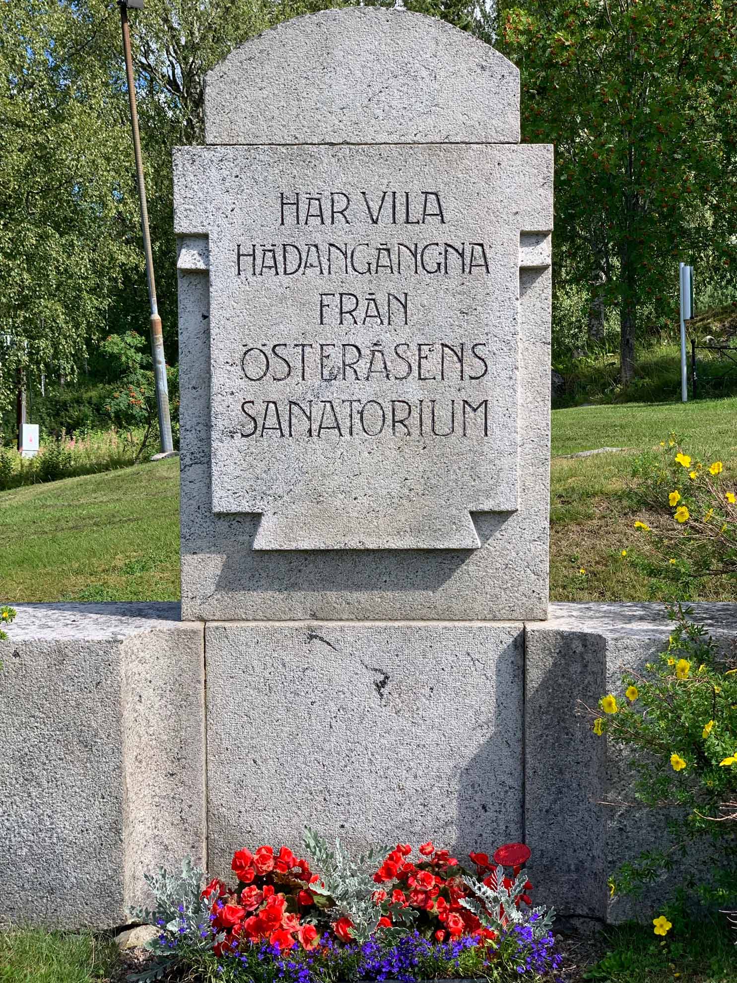 En stor stående gravsten med texten "Här vila hädangångna från Österåsens sanatorium".