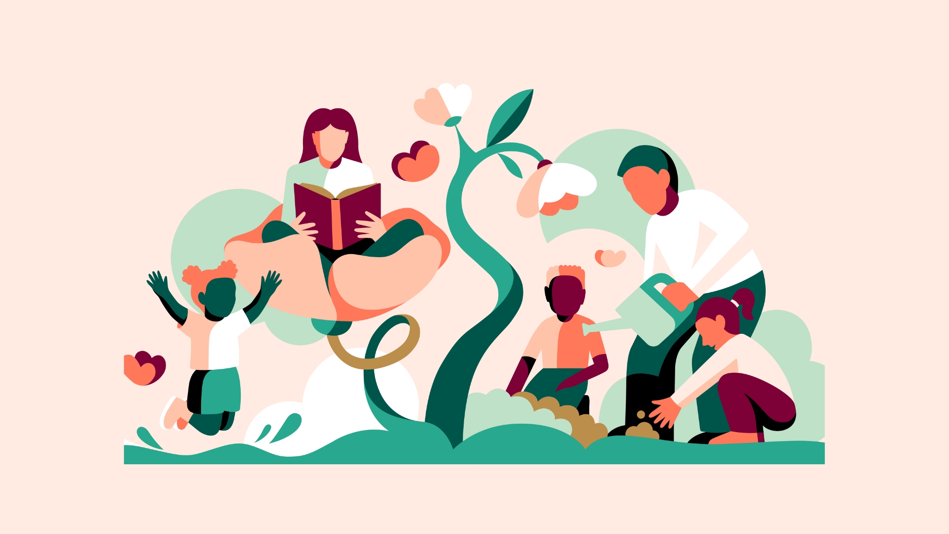 Illustrerad bild på barn som leker, vuxen kvinna som läser och vuxen man som vattnar en växt.