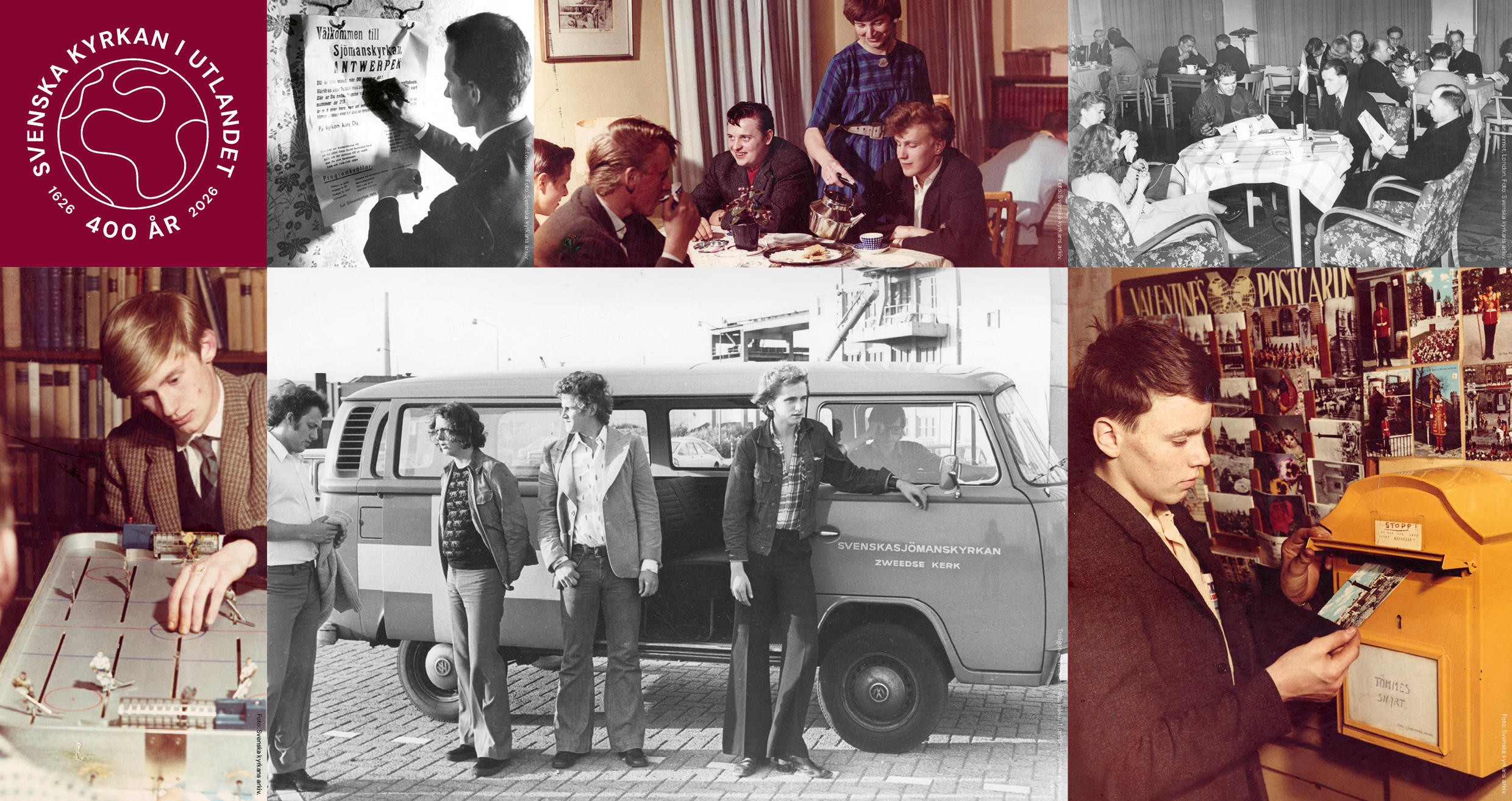 En blandning av fotografier från utlandskyrkans historia, svartvita bilder och äldre färgbilder, föreställande människor i samvaro och samtal, i läsrum och framför en buss.