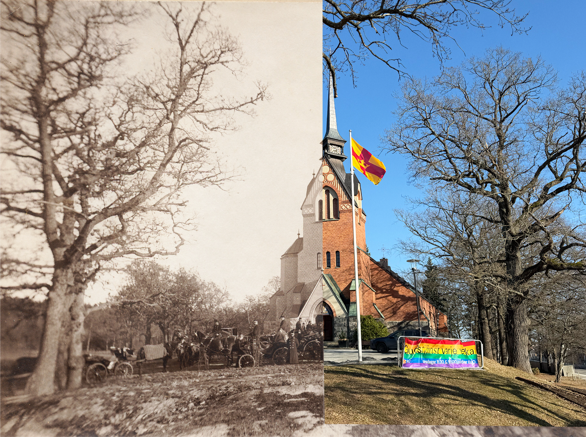 Ett svartvitt foto på Nacka kyrka från 1891 har klippts ihop med ett färgfoto på Nacka kyrka från 2026.