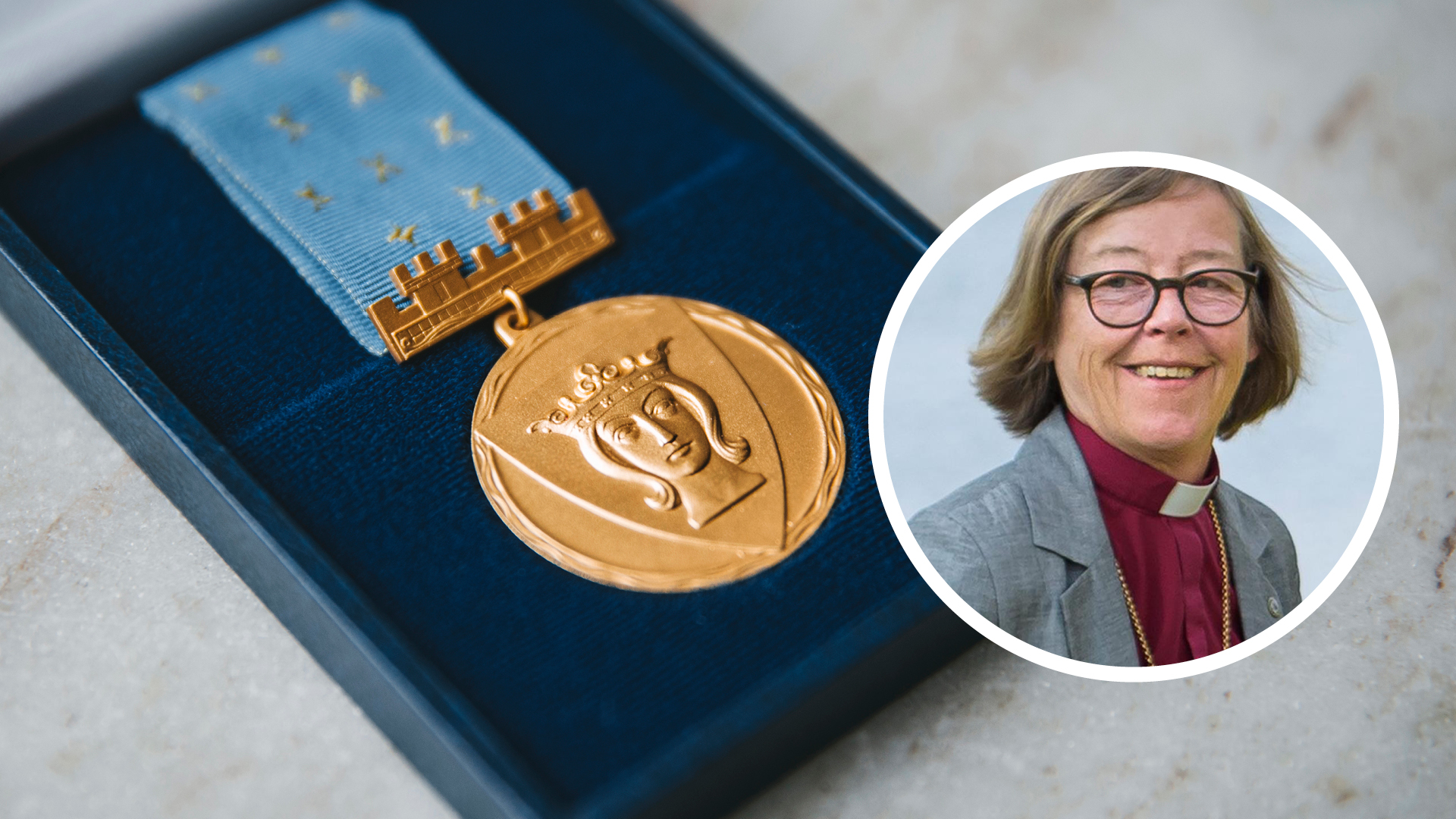 Kollage S:t Eriksmedaljen och porträtt på Eva Brunne