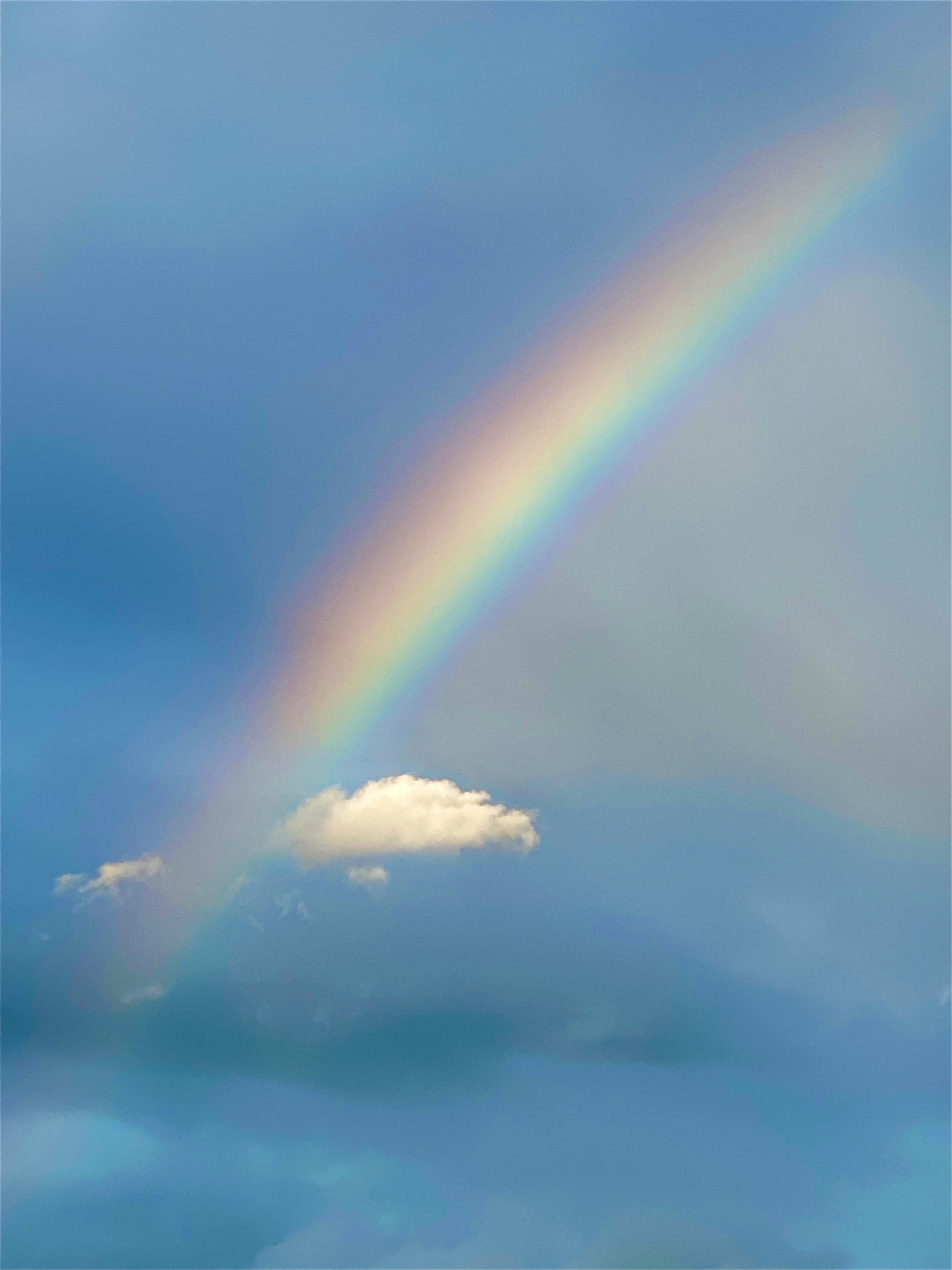 En regnbåge framför ett moln mot en blå himmel.