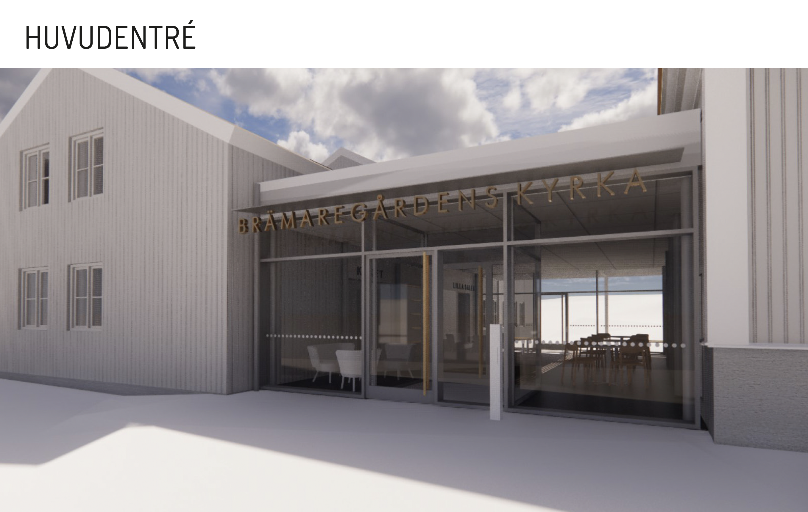 Datorgenererad bild av den nya entrén till Brämaregårdens församlingshem.