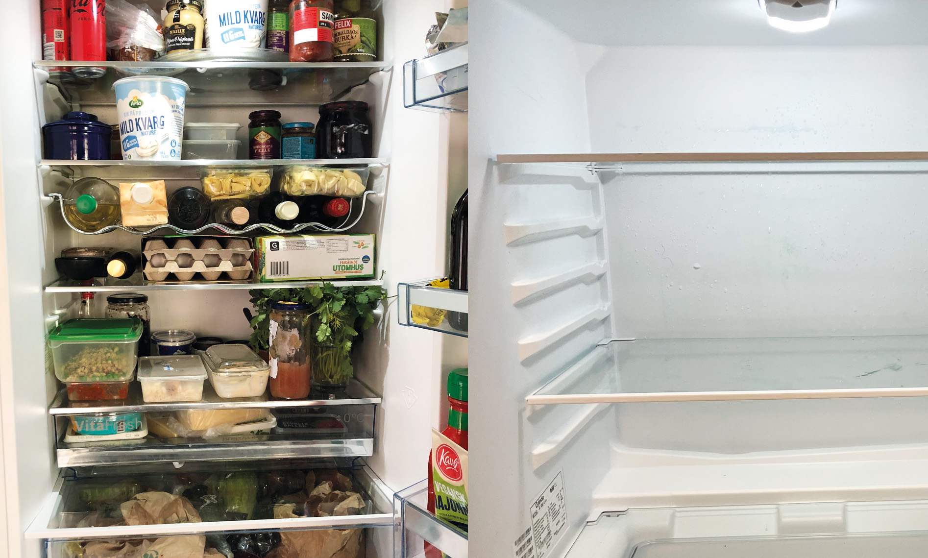 Bild på ett tomt och ett fyllt kylskåp.