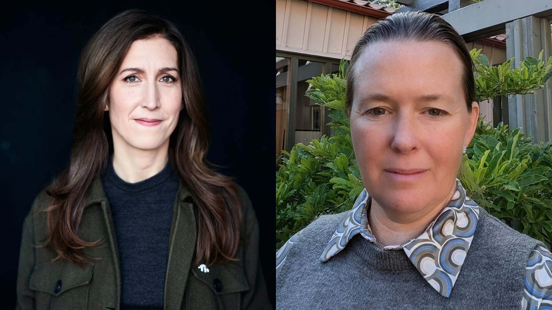 Två porträtt, ett på mörkhåriga Agnes Hellström mot svart bakgrund och ett på Mona Gustafsson i skjorta och jumper i trädgårdsmiljö.