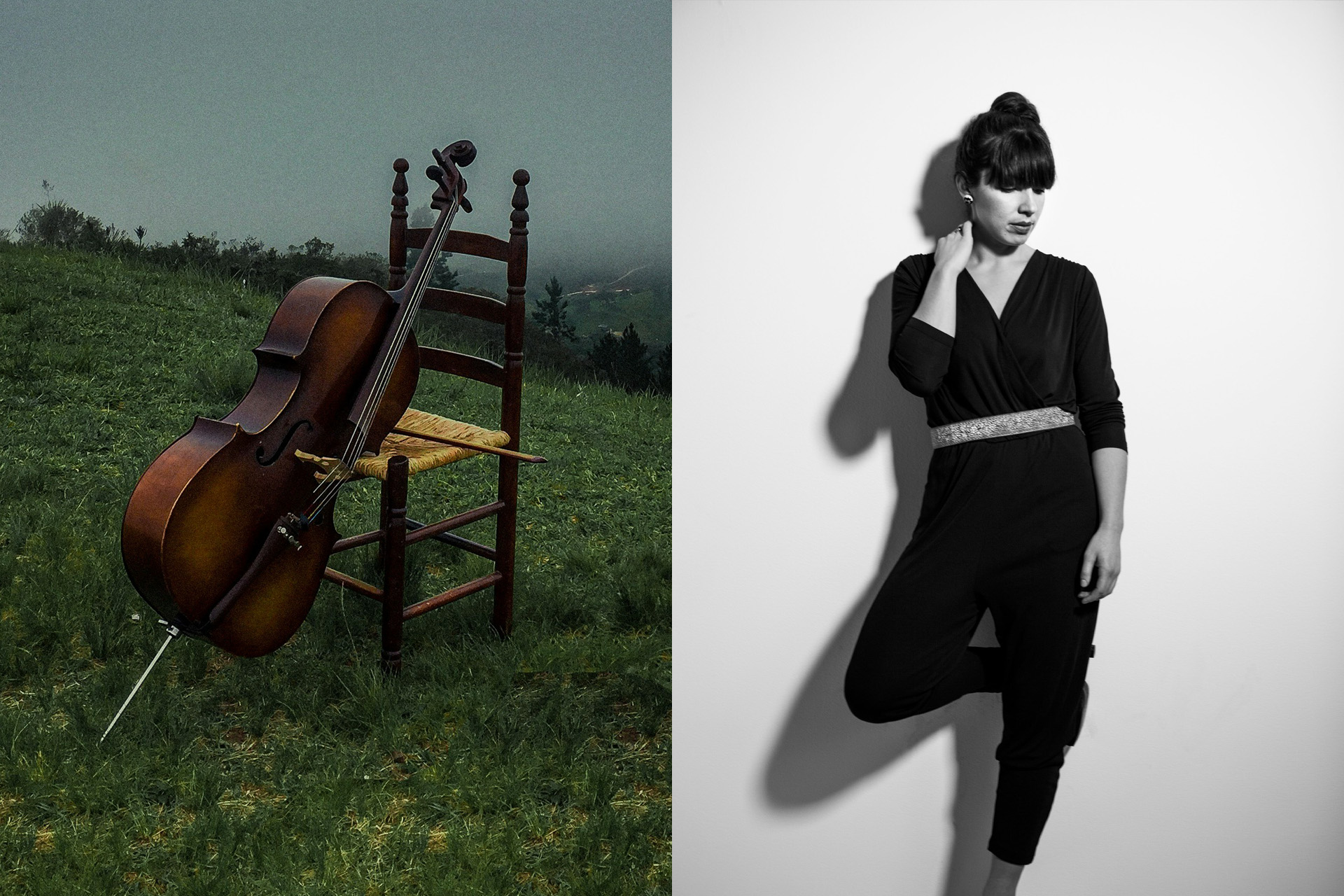 En cello på en äng jämte ett foto av cellisten Anja Strautmanis.