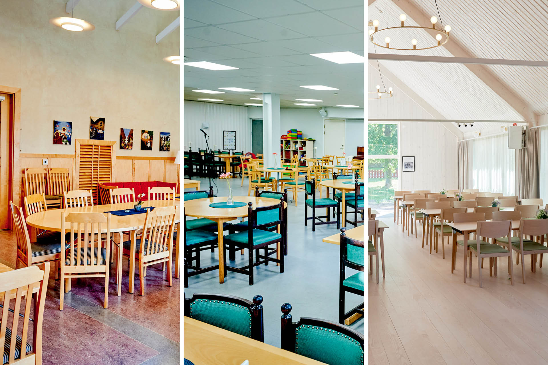 Kollage med Gamla Uppsala församlings tre bokningsbara församlingslokaler.