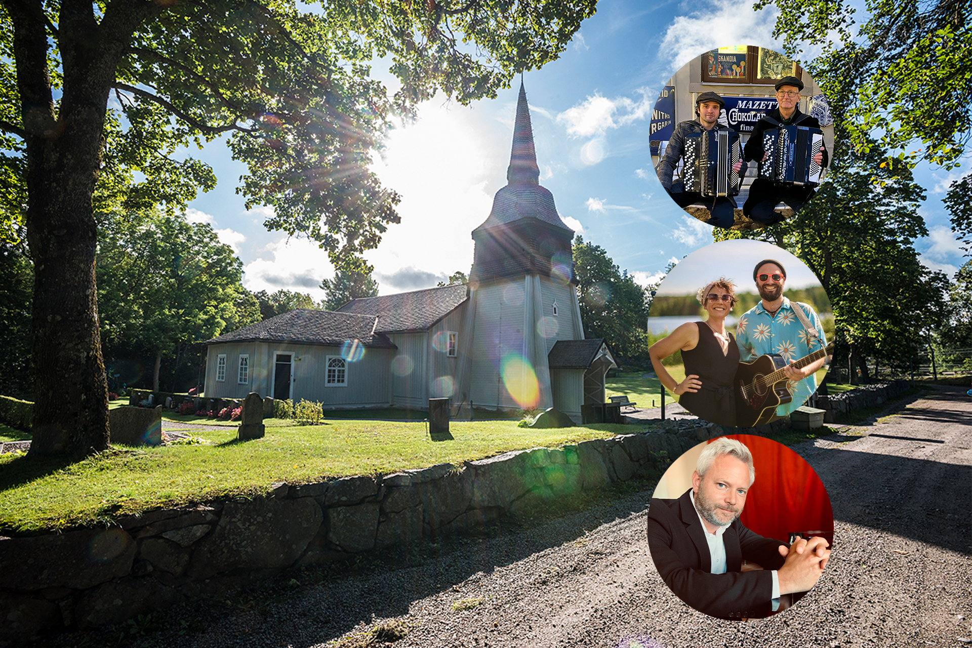 En bild på Simonstorps vita träkyrka i motljus. Infällt är bilder på de olika artisterna på sommarcafét