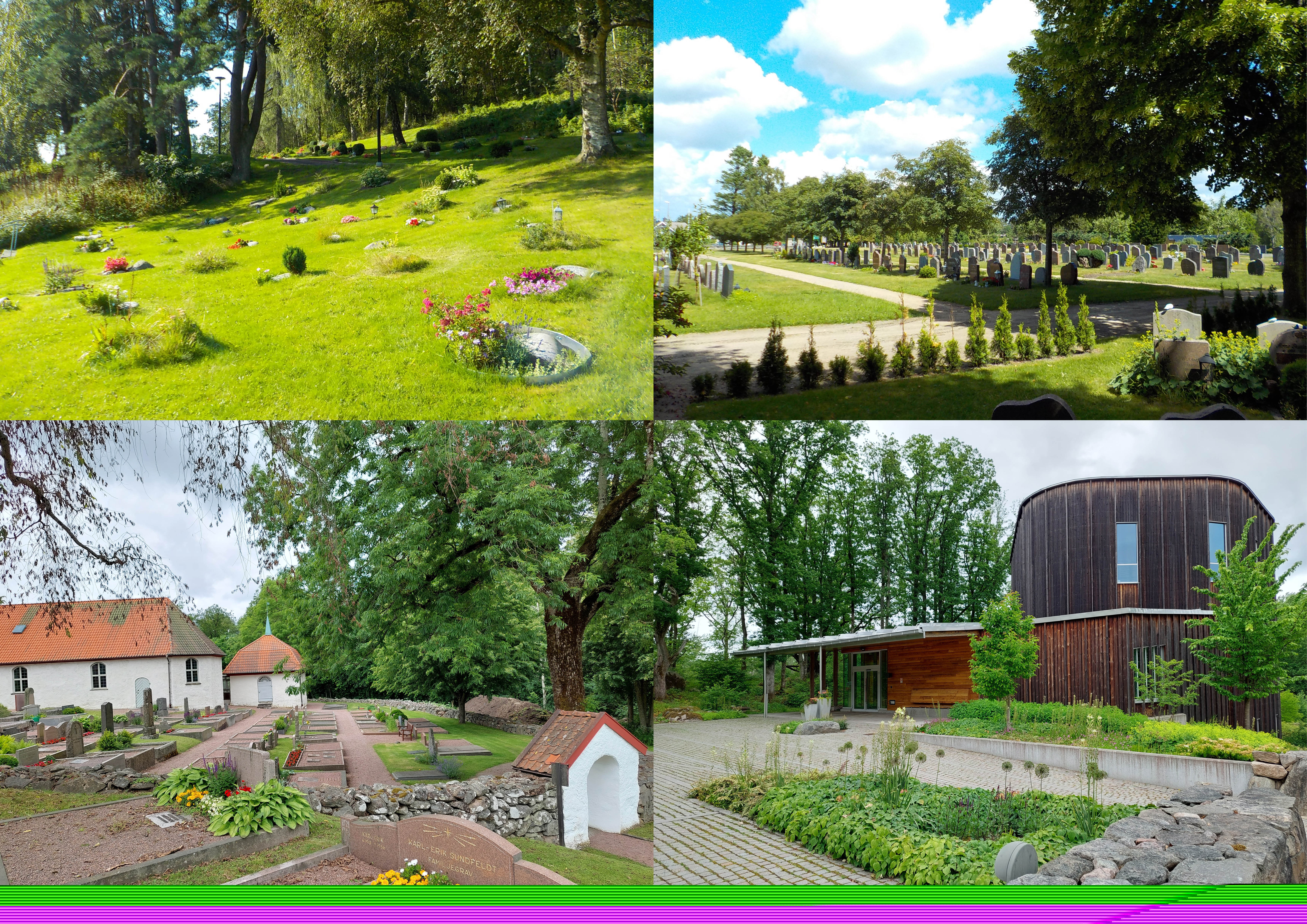 Collage av fyra bilder på Mölndals kyrkogårdar.