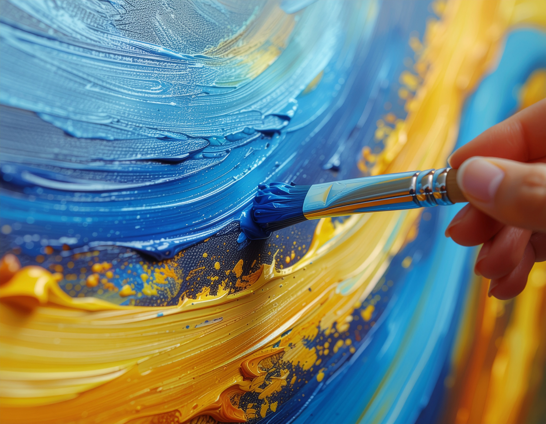 En hand håller i en pensel som målar fält med blå och gula nyanser av akrylfärg.