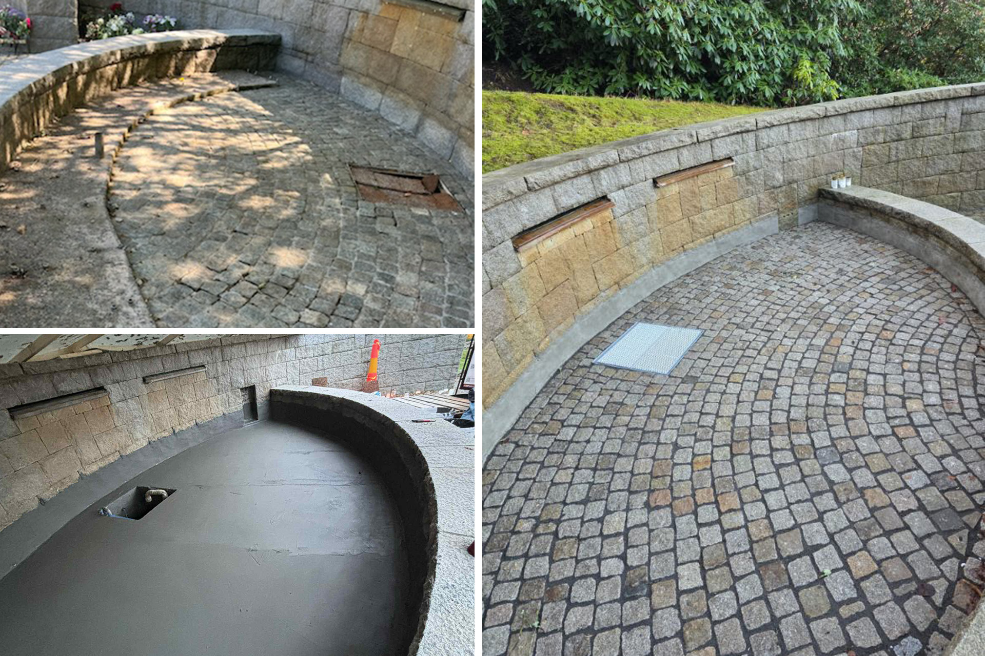 Collage med bilder visar botten i en murad damm i tre skeden.