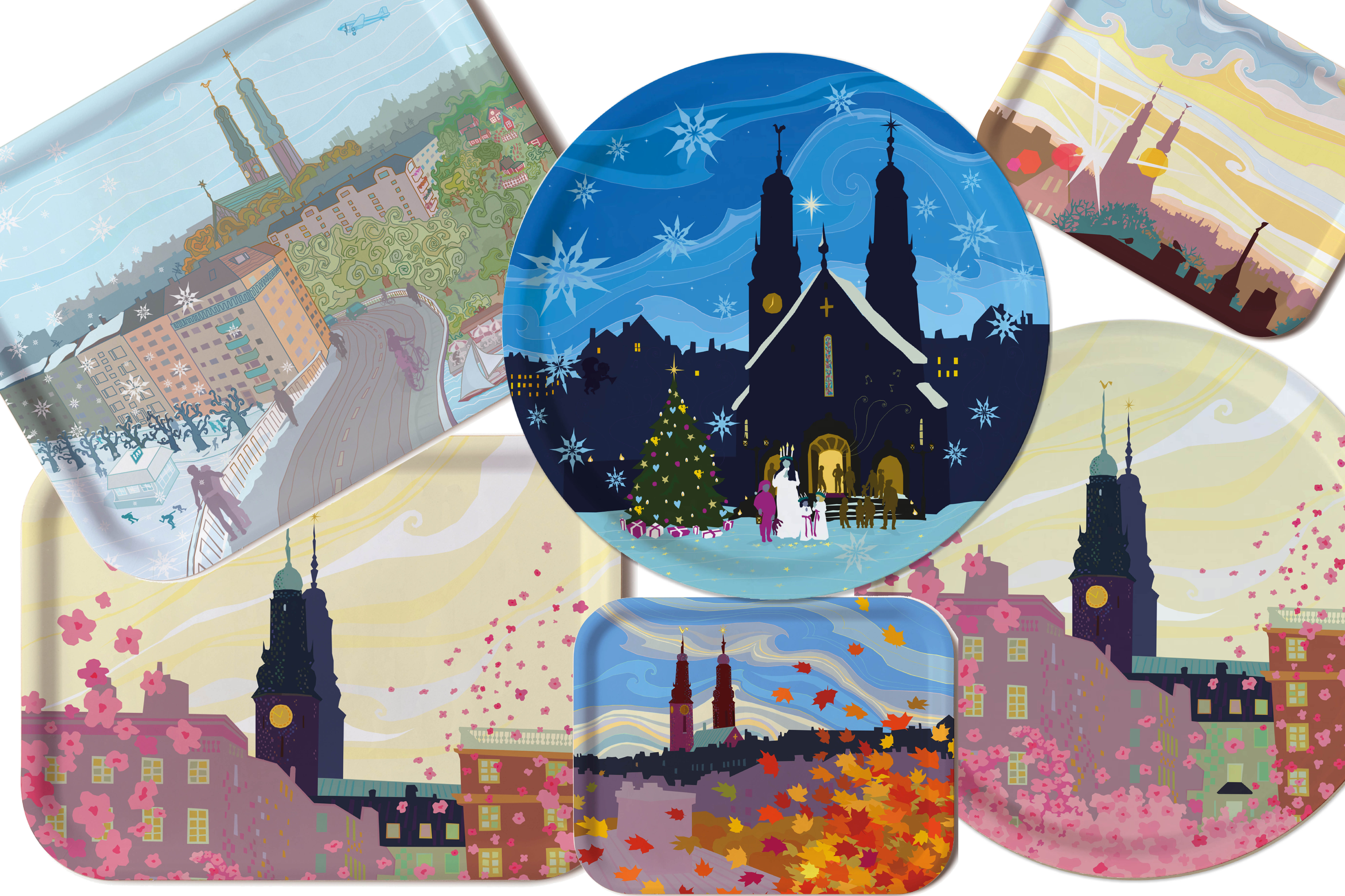 Brickor med tecknade motiv av Högalidskyrkan.