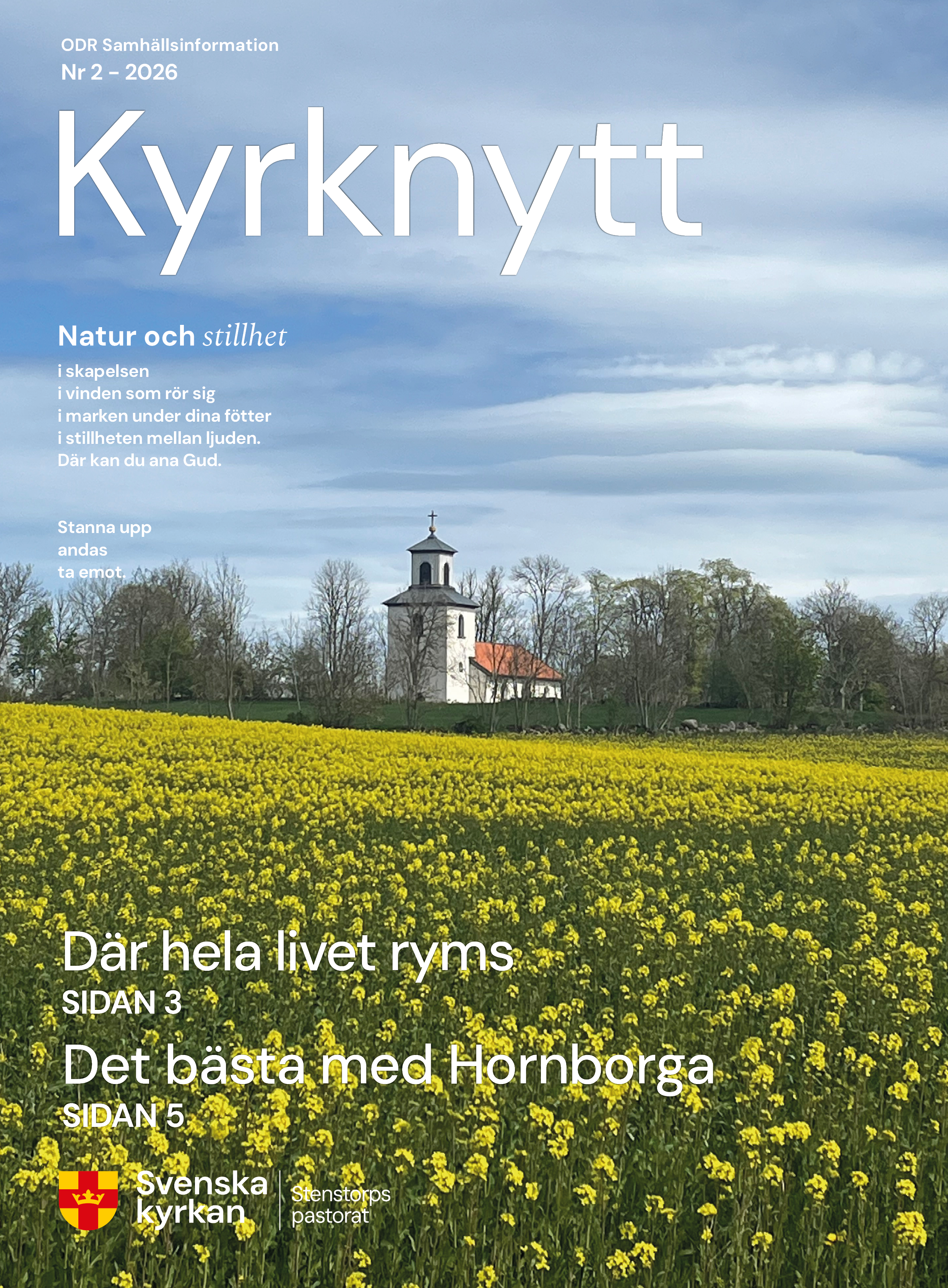 Framsidan på tidningen Kyrknytt, med ett rapsfält och Segerstads kyrka
