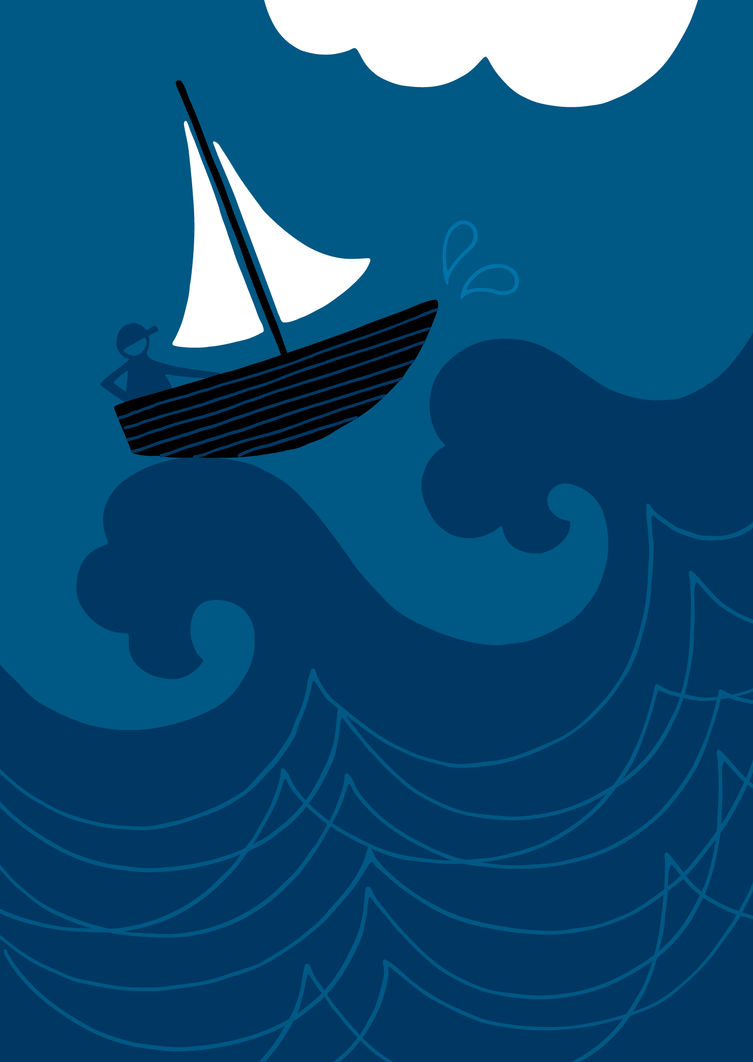 Tecknad segelbåt uppe på höga vågor.