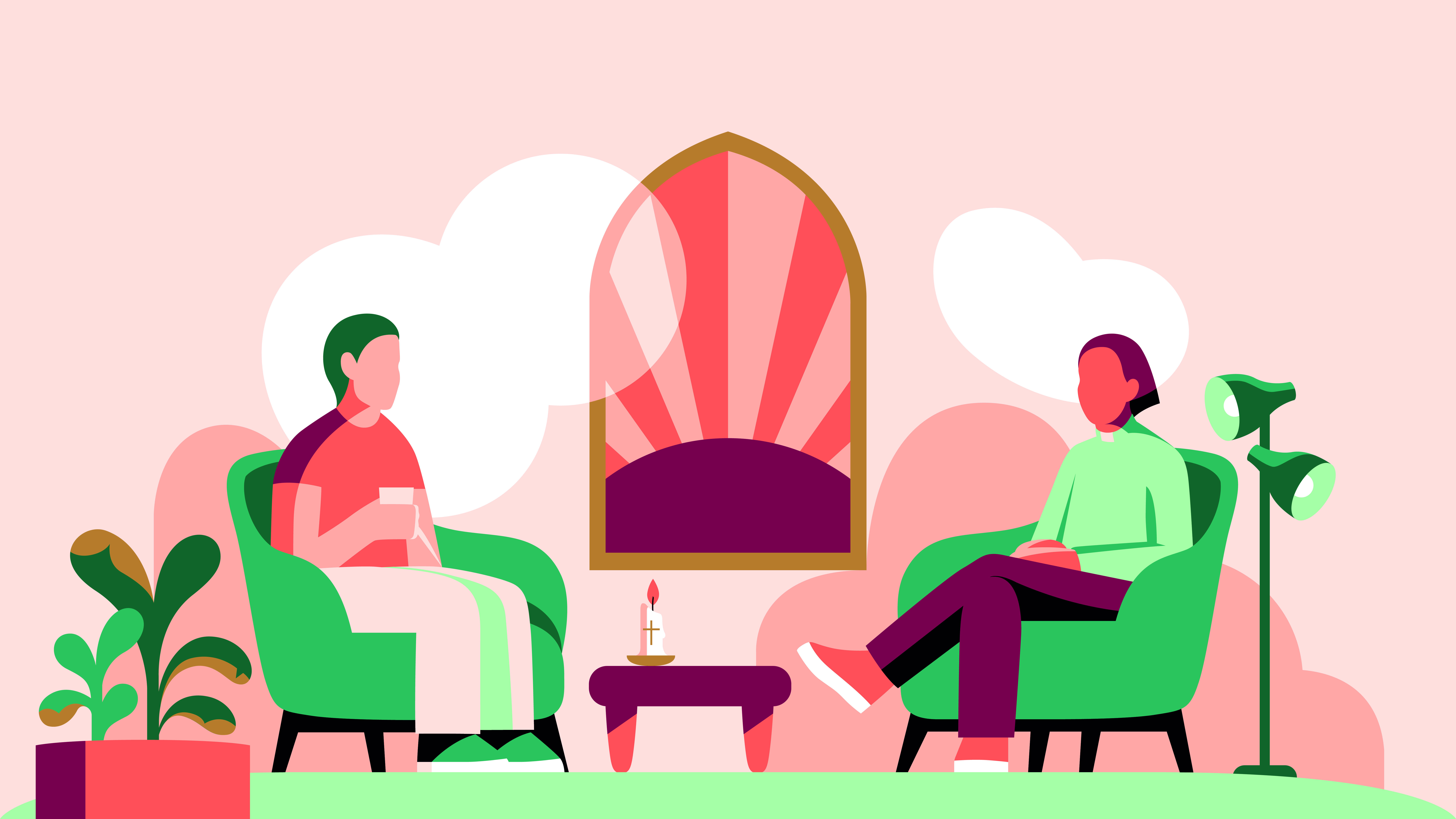 Illustration två personer sitter och samtalar. Den ena är diakon.