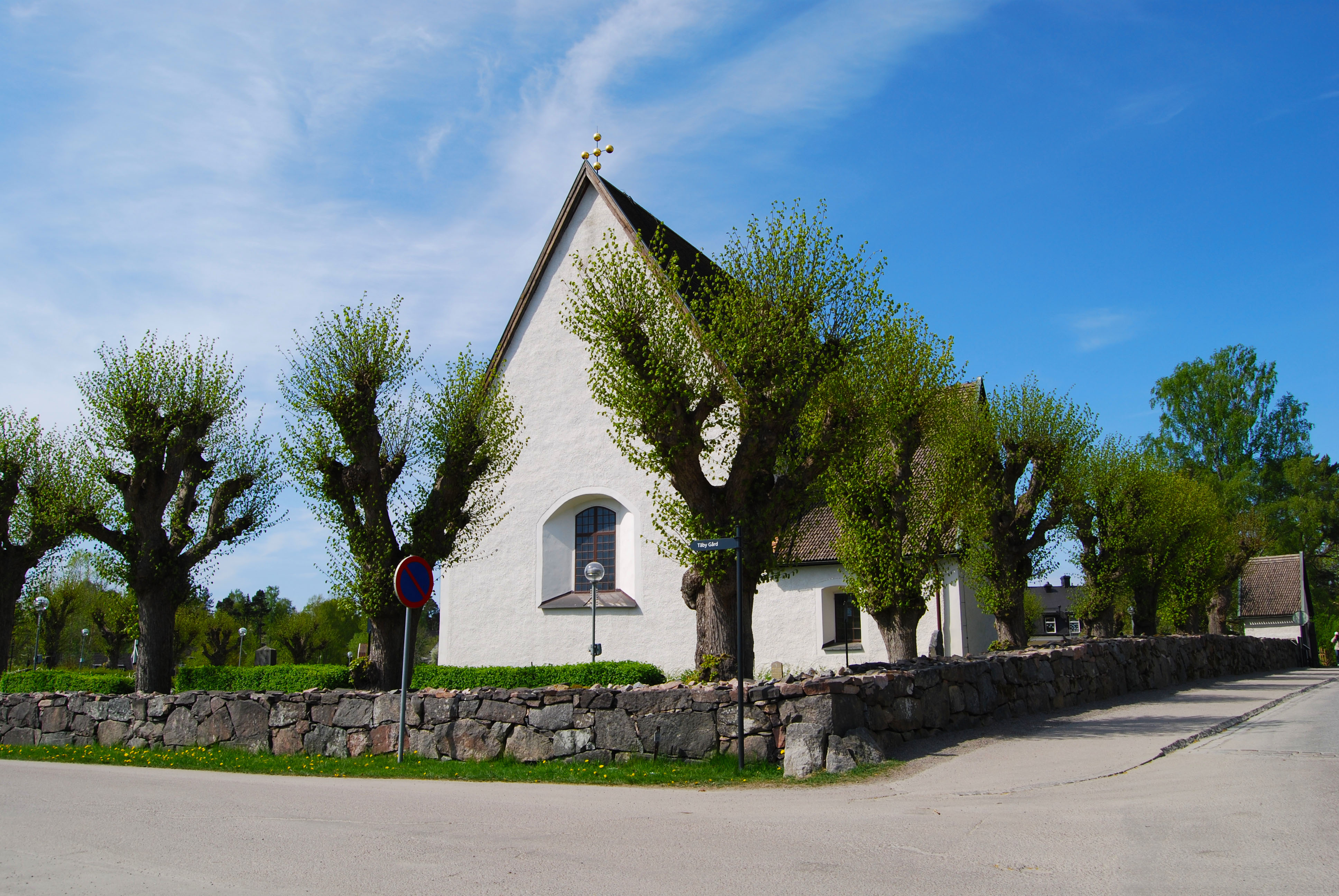 Täby kyrka i sommartid. Runtom kyrkan står lindar i blom.
