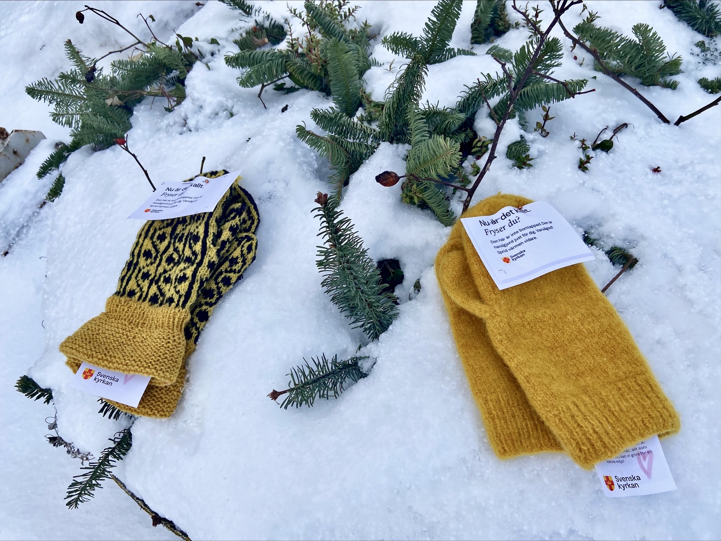 Två par gula vantar i snö, väntar på att bli hittade