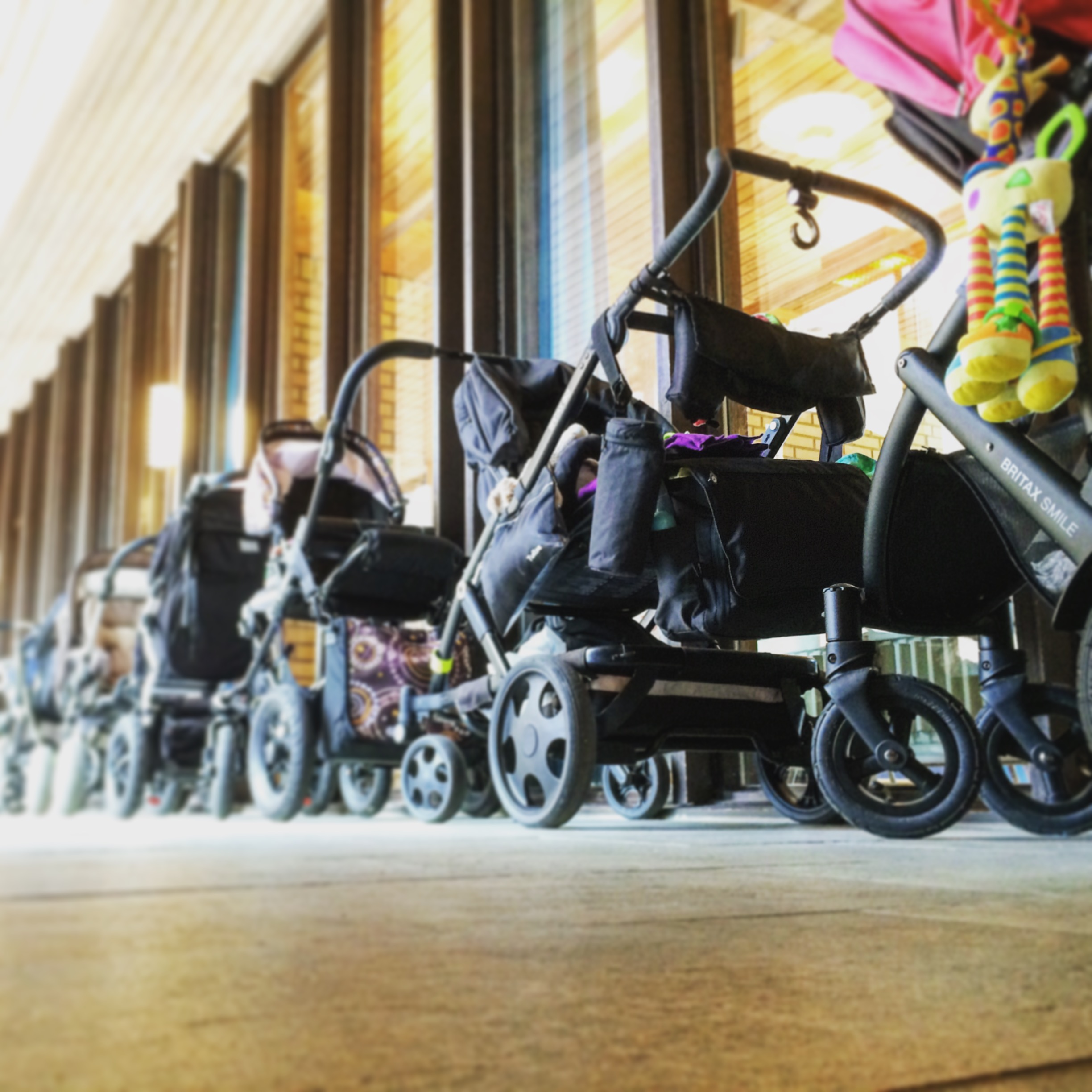 en lång rad med barnvagnar