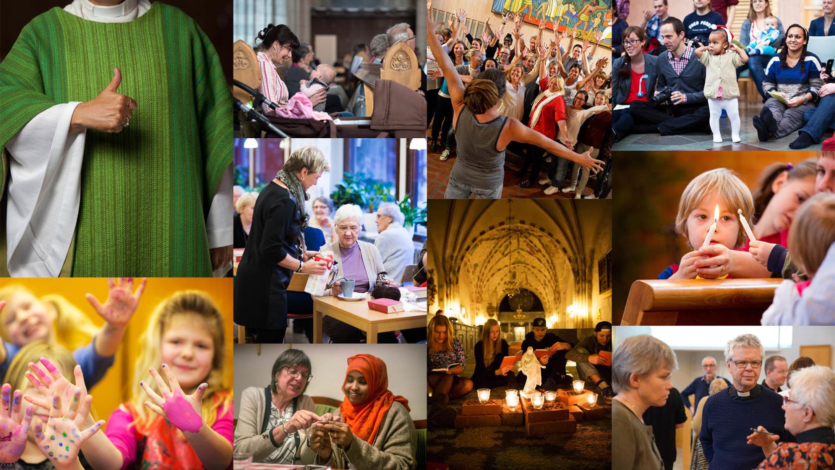 Bildcollage från Svenska kyrkans olika verksamheter.