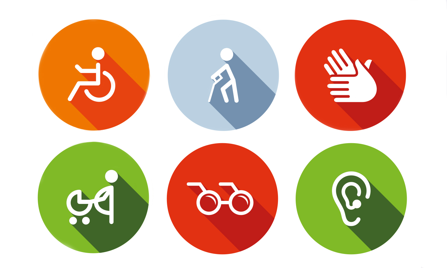 Sex olika symboler för funktionsvariationer på en bild.  