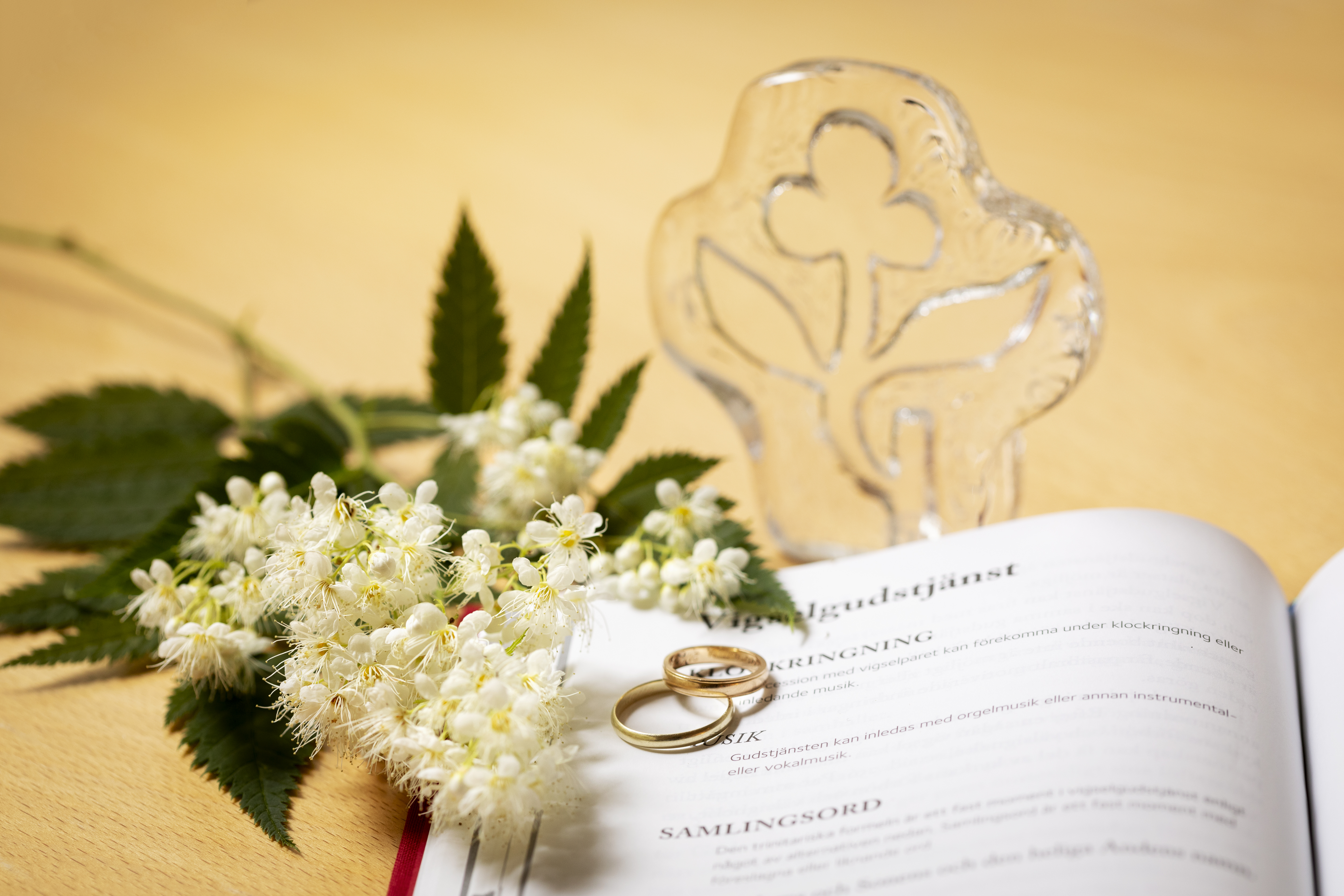 Närbild på ett par ringar och en blomkvist som ligger på en bok med rubriken Vigselgudstjänst uppslagen.