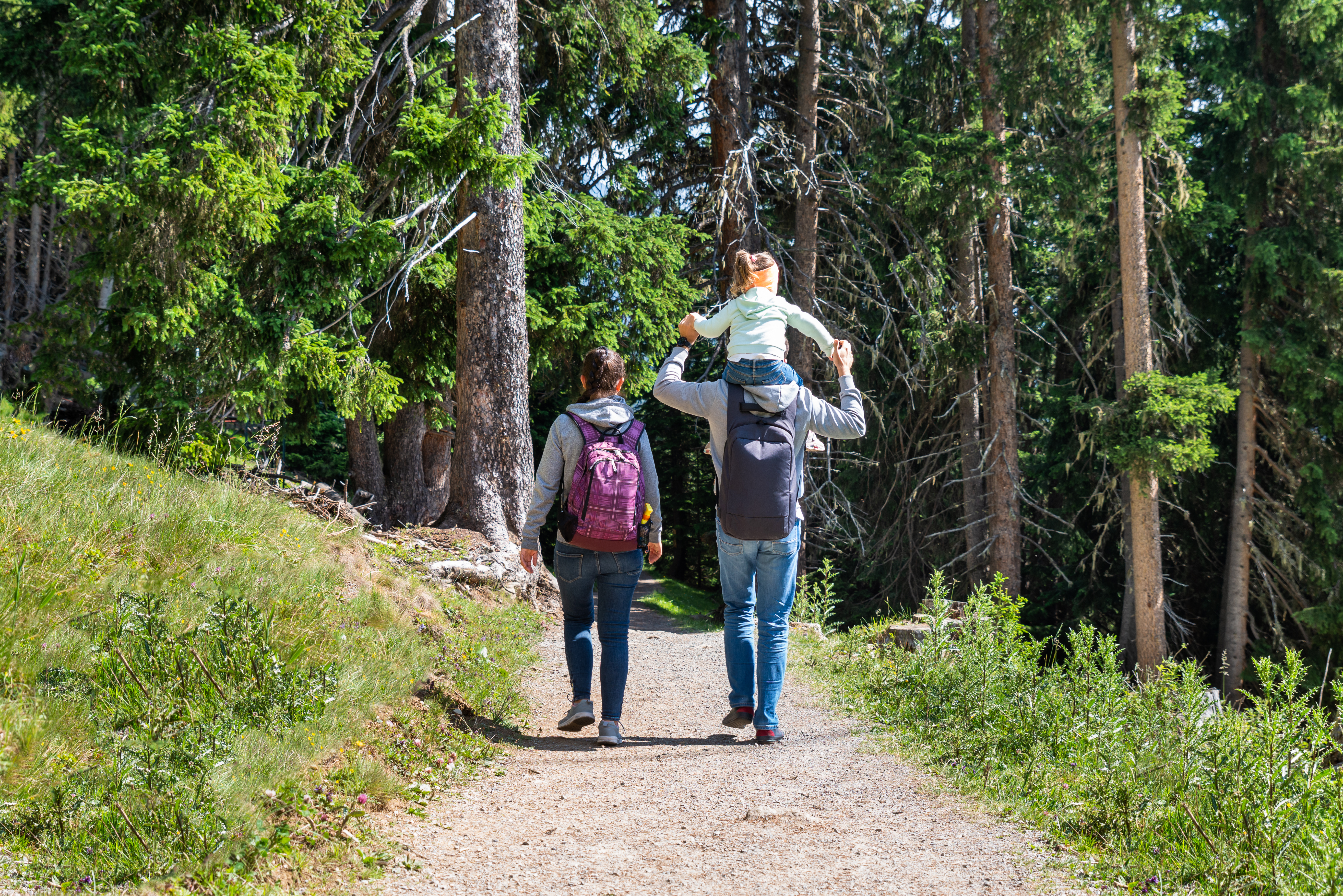 Två personer med ryggsäckar promenerar på en stig i skogen. En av dem bär ett litet barn på axlarna.