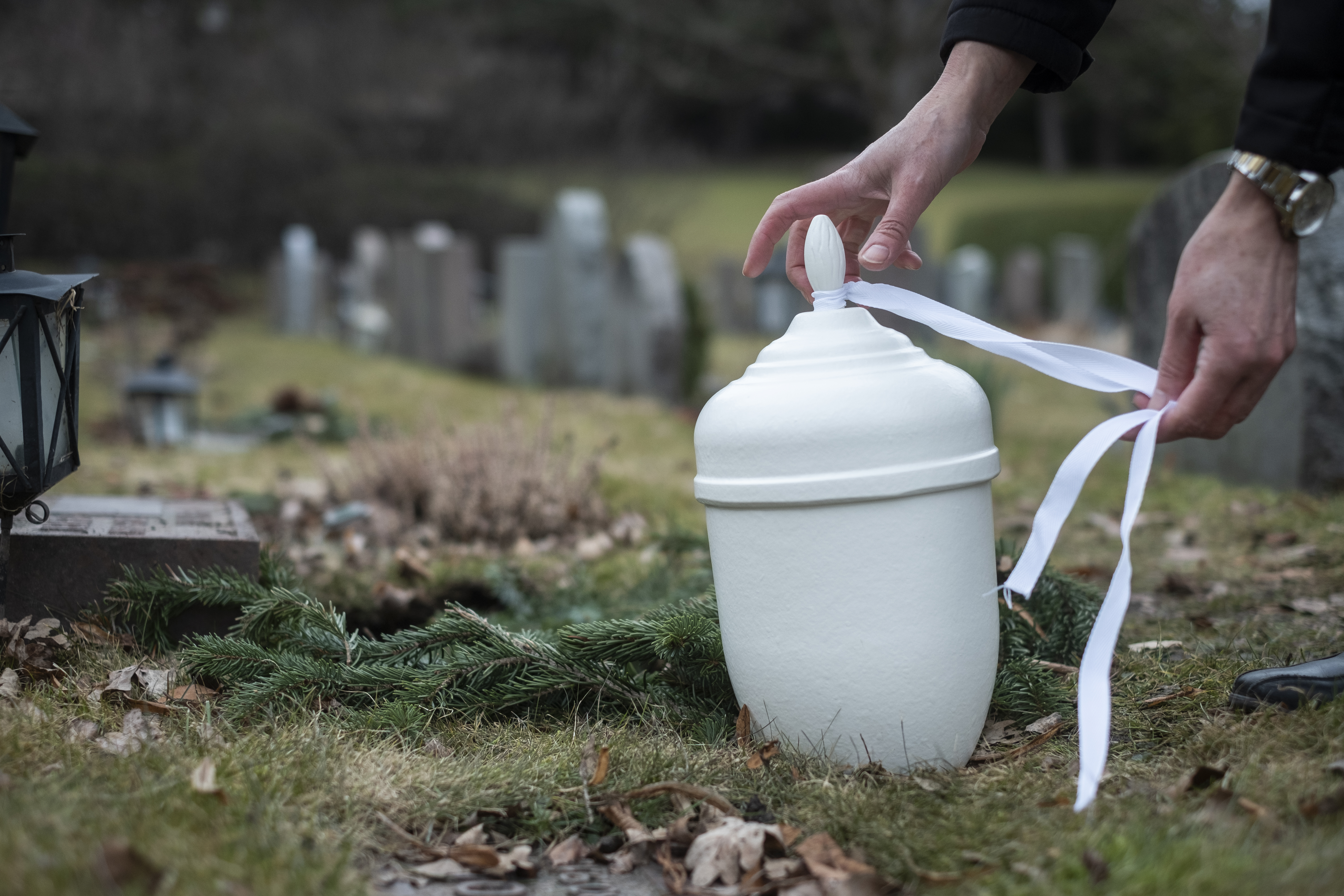 Någon knyter ett vitt band runt en vit urna på en kyrkogård.