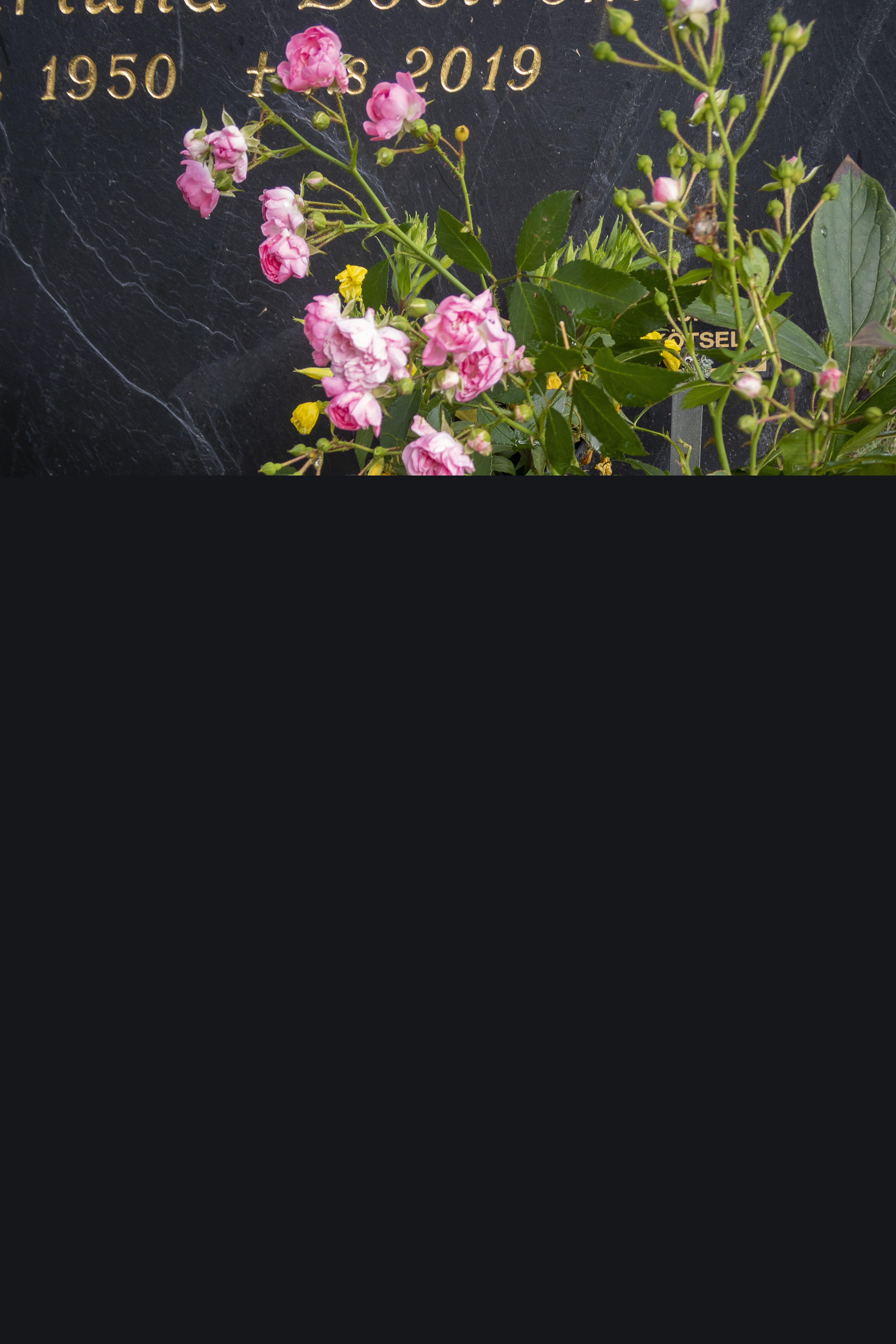 Blommor och ett ljusblått hjärta vid en gravsten.