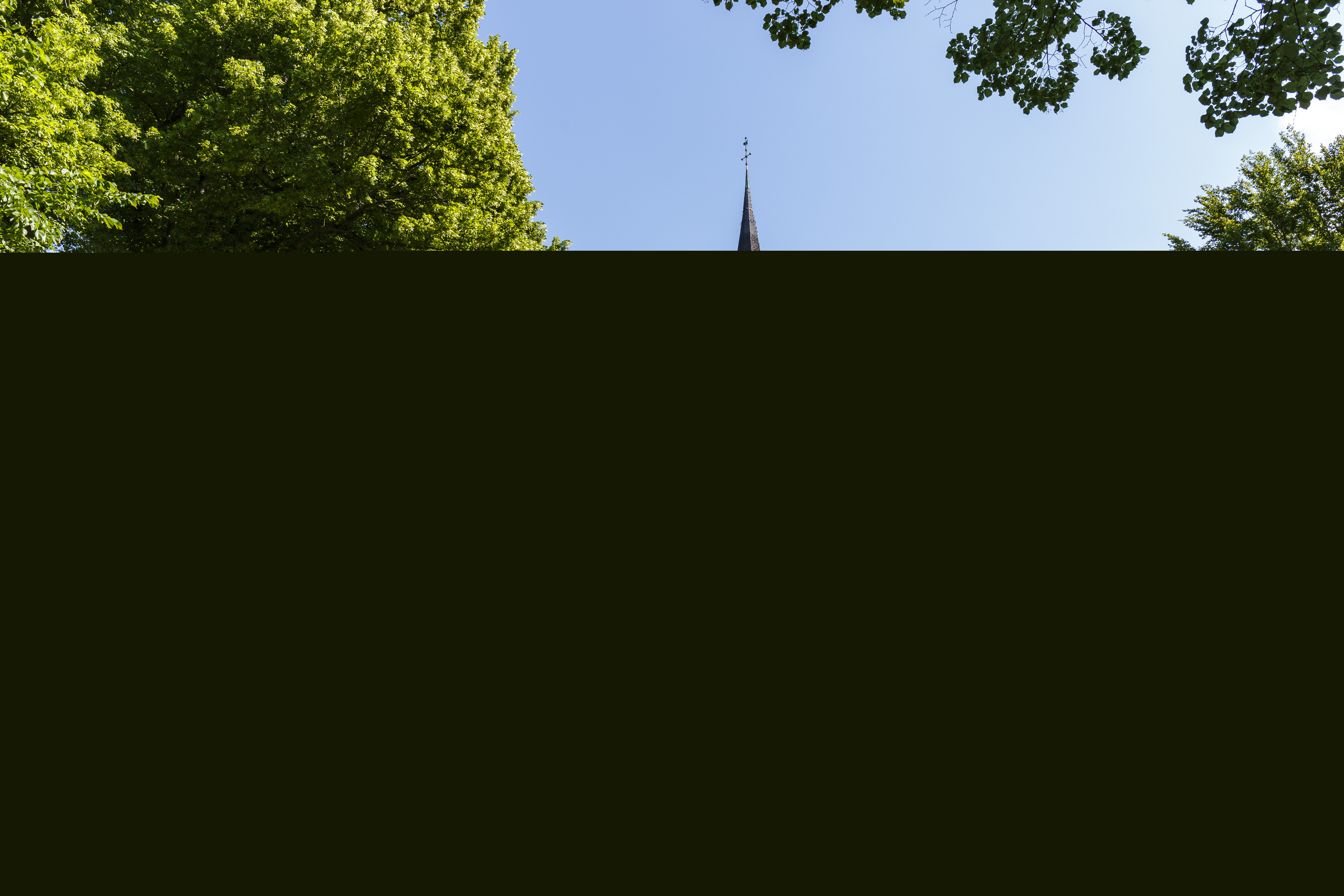 En kyrka i sommarsol. Grönskande träd runt om.