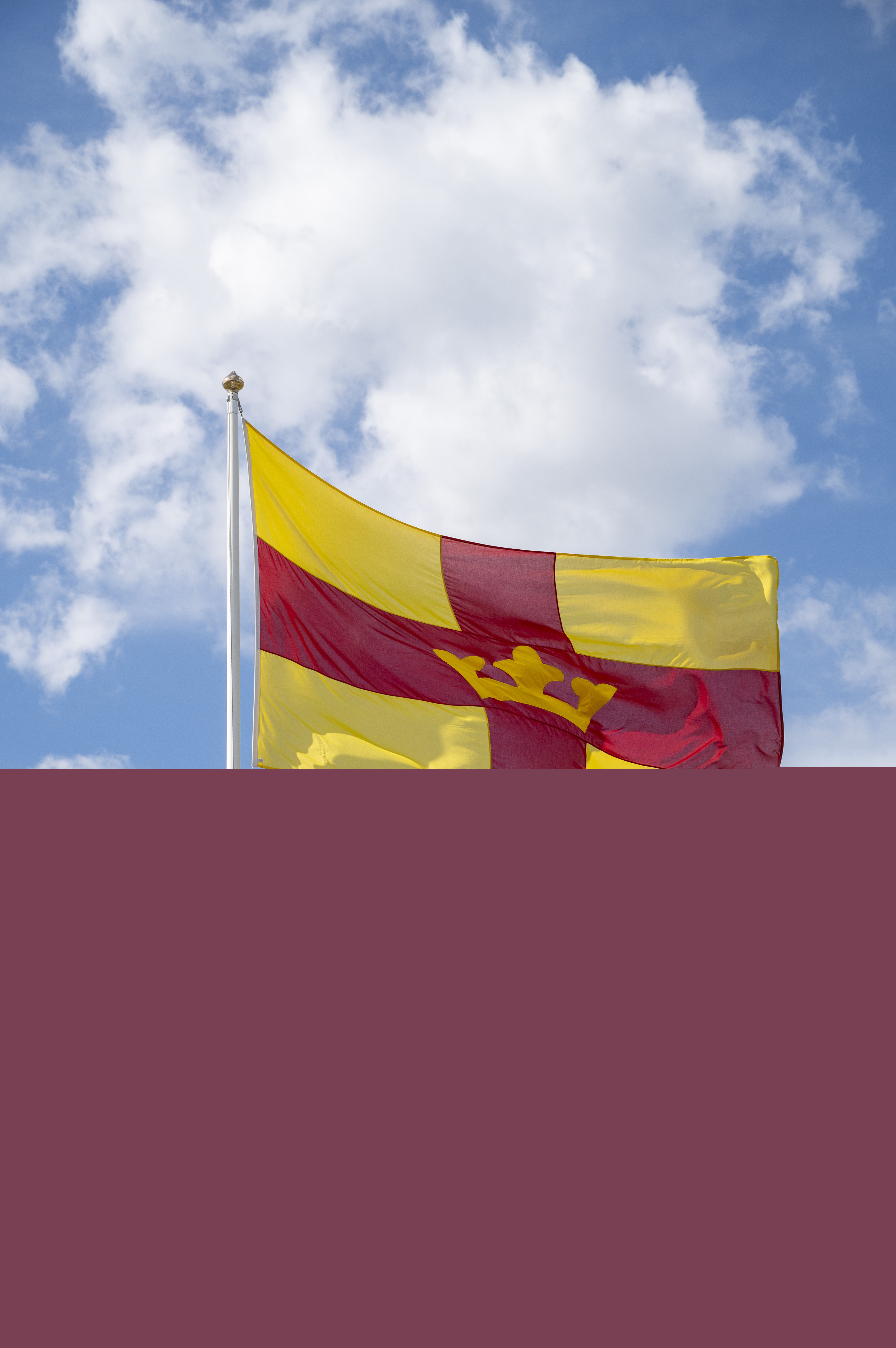 En flaggstång med Svenska kyrkans flagga mot en blå himmel.