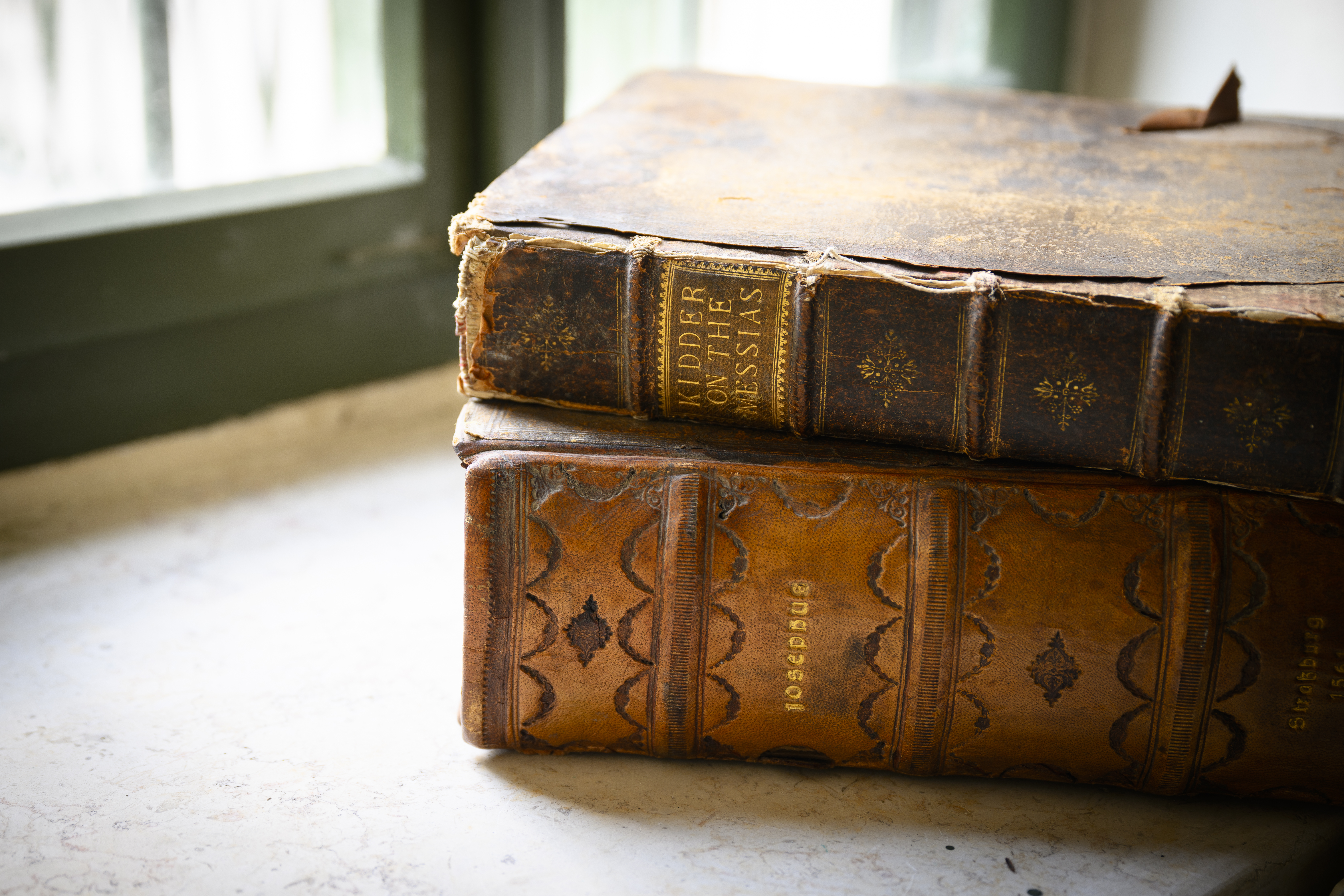 Två gamla böcker i läderband och guldprägling ligger vid ett fönster.