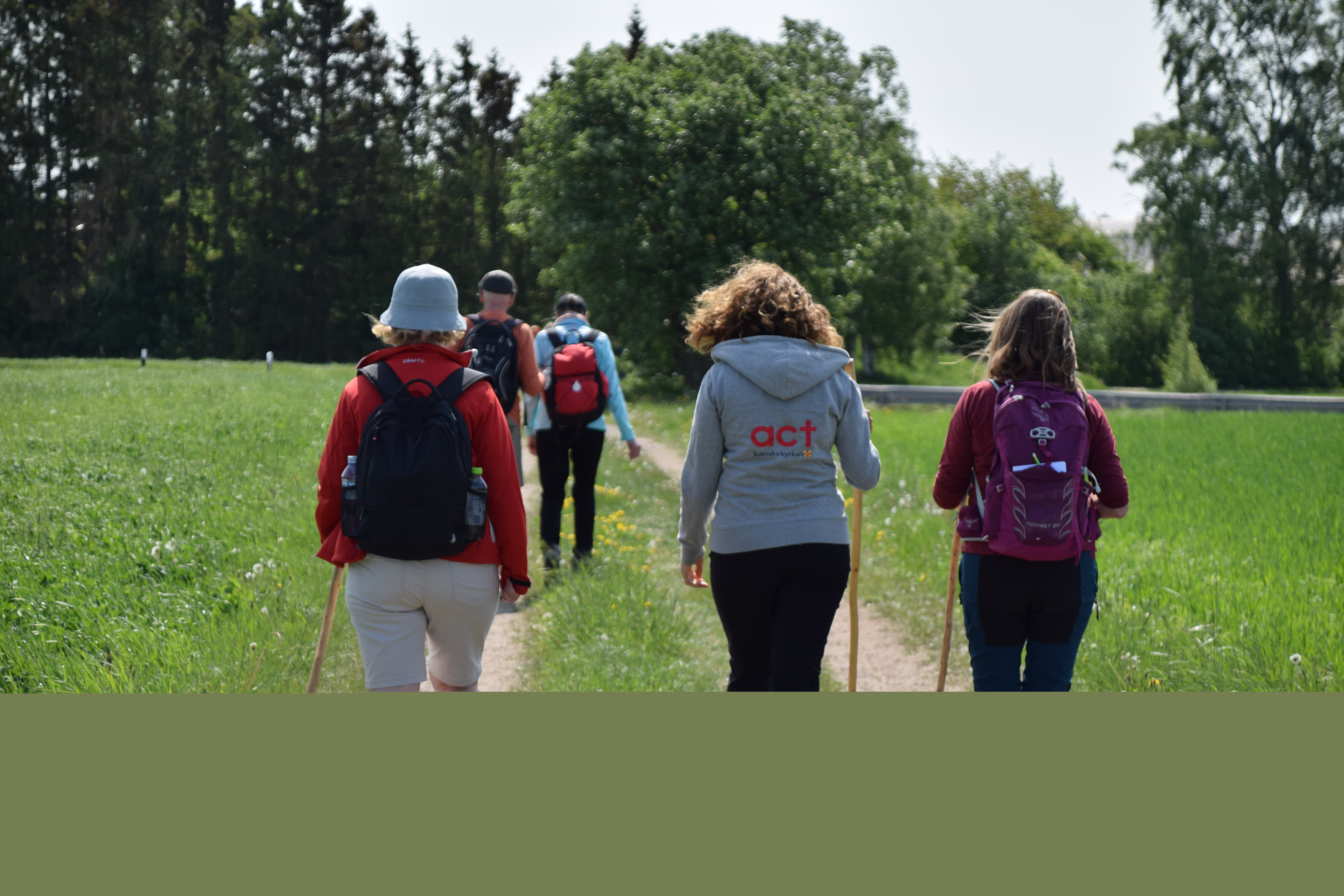 Fem personer vandrar längs en väg. Vi ser ryggarna på dem. Tre bär ryggsäck. 