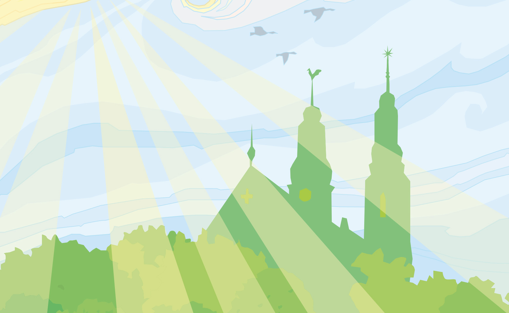 En målad bild av Högalidskyrkan i grönt. Solstrålar, fåglar och träd. 